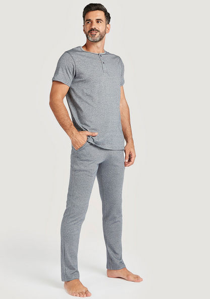 Solid Henley Neck T-shirt and Full Length Pyjama Set