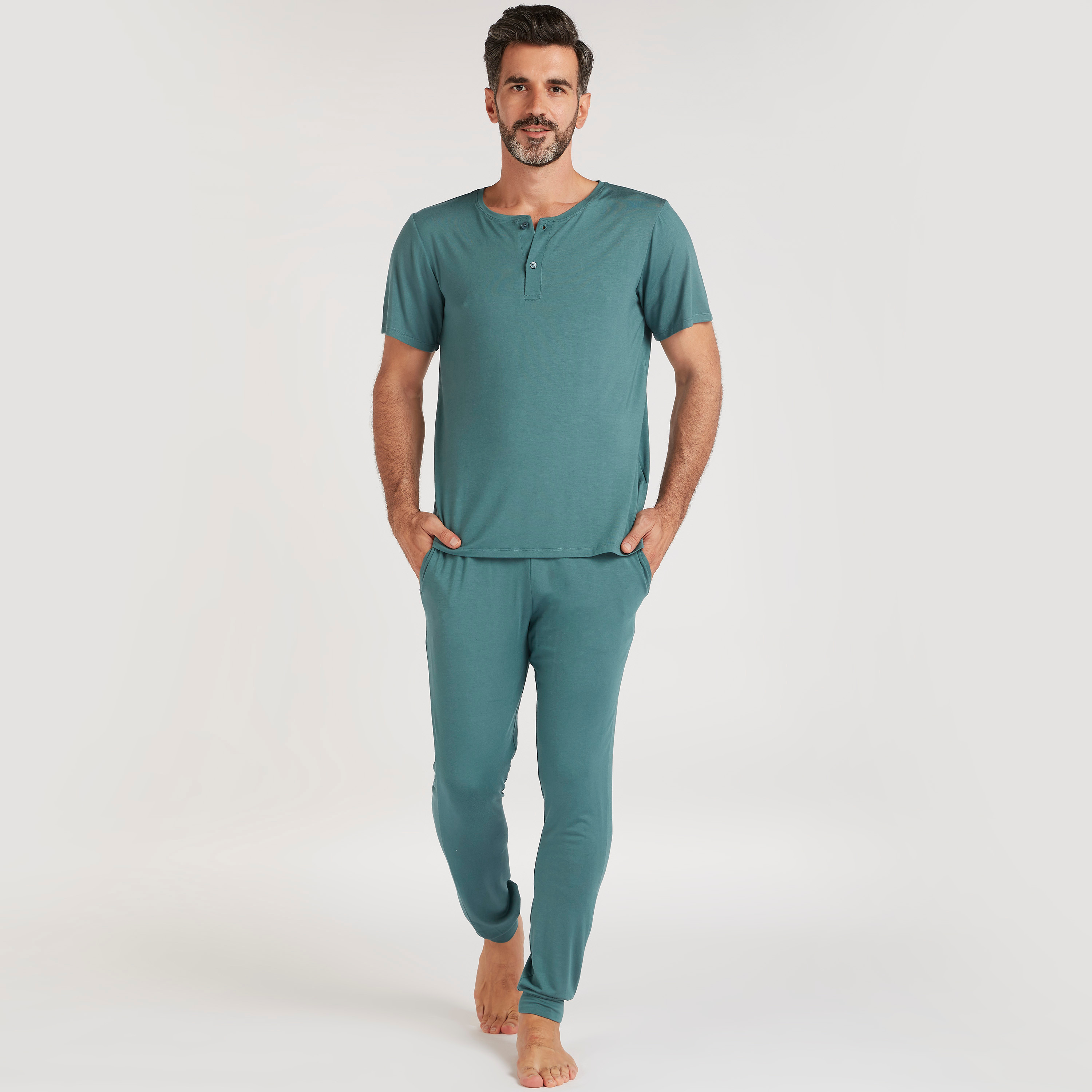 Solid Henley Neck T-shirt and Full Length Pyjama Set-men-clothing-nightwear-sets-image-1