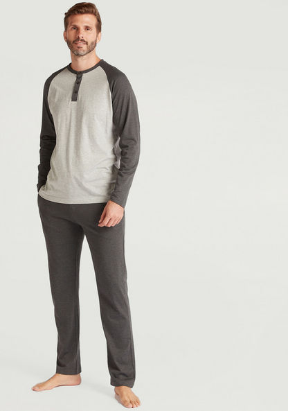 Solid Henley Neck T-shirt and Full Length Pyjama Set-Sets-image-1
