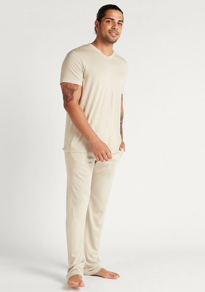 Solid V-neck T-shirt and Full Length Pyjama Set