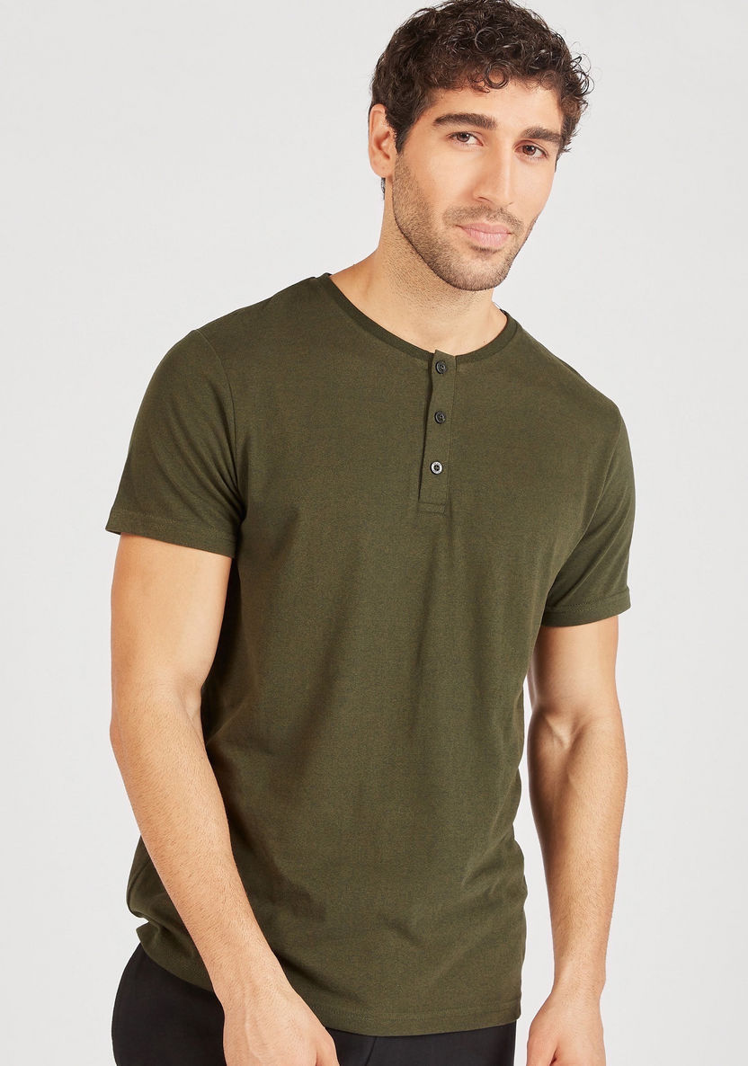 Solid Henley Neck T-shirt and Full Length Pyjama Set-Sets-image-2