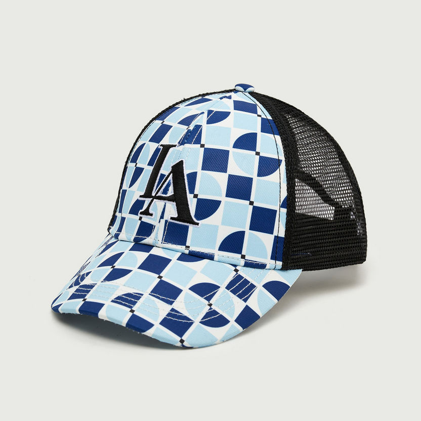 Geometric Print Cap with Mesh Panel and Snap Back Closure-Caps & Hats-image-0
