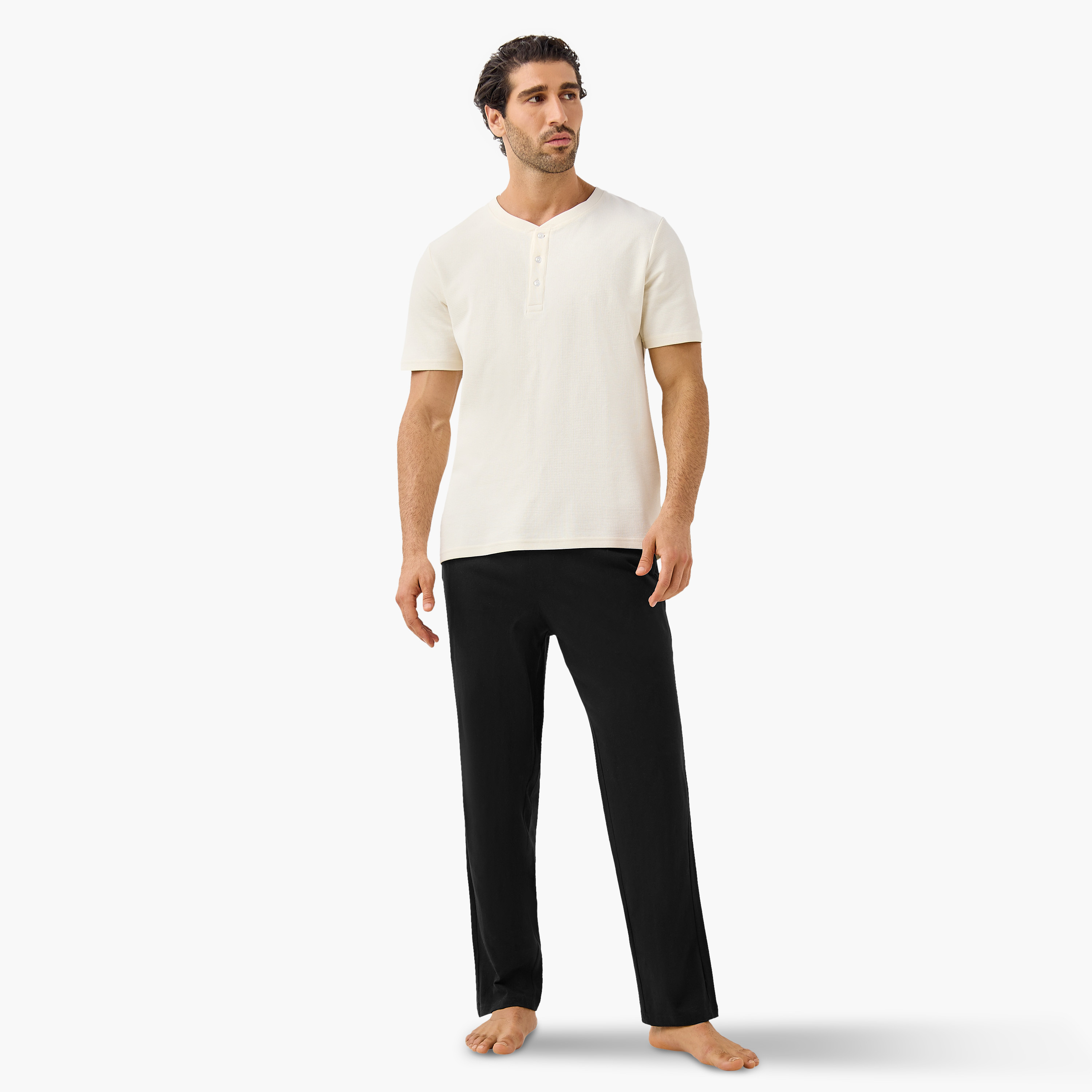 Textured Henley Collar T-shirt and Pyjama Set-men-clothing-nightwear-sets-image-1