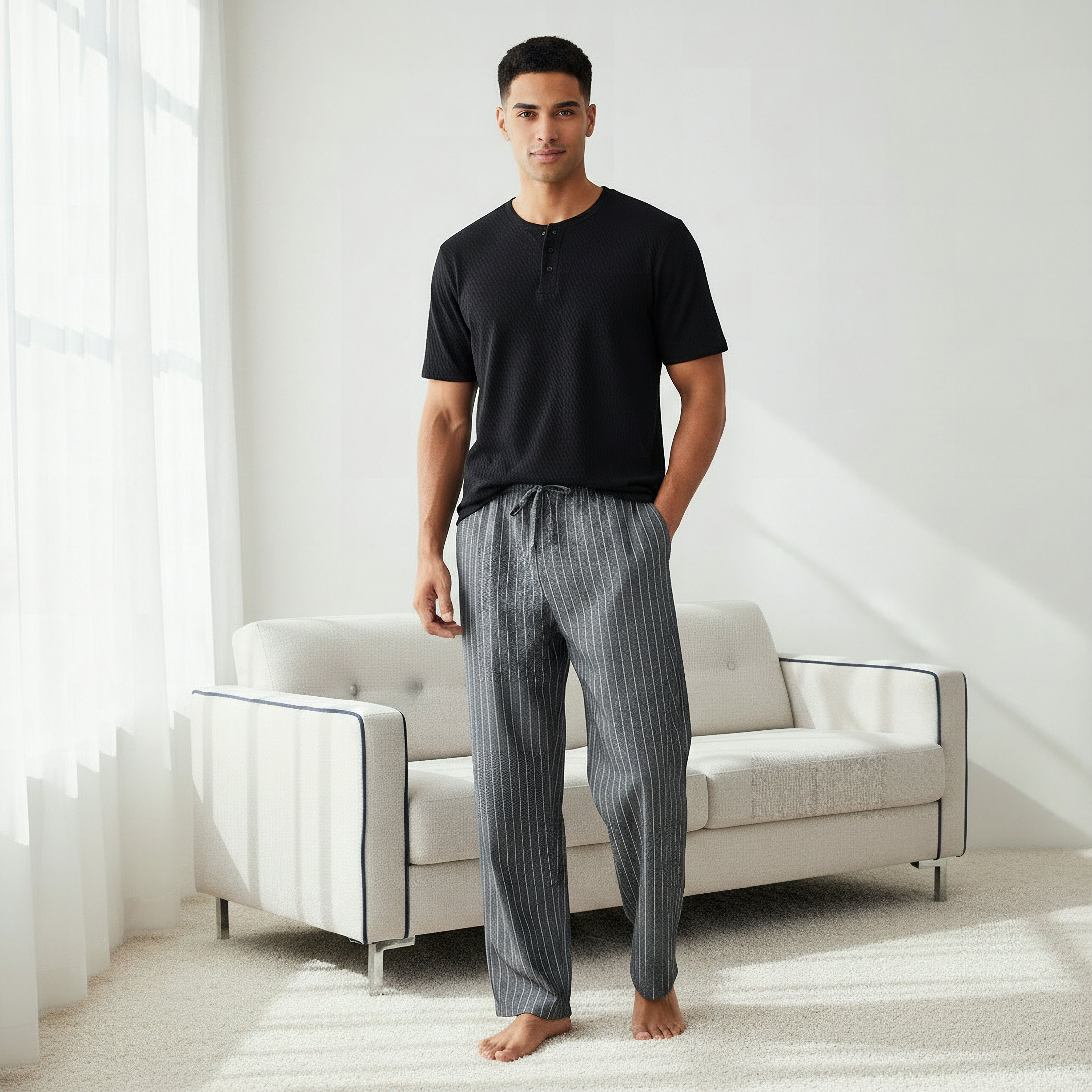 Men Cotton Striped Button Front Nightwear Set-men-clothing-nightwear-sets-image-1