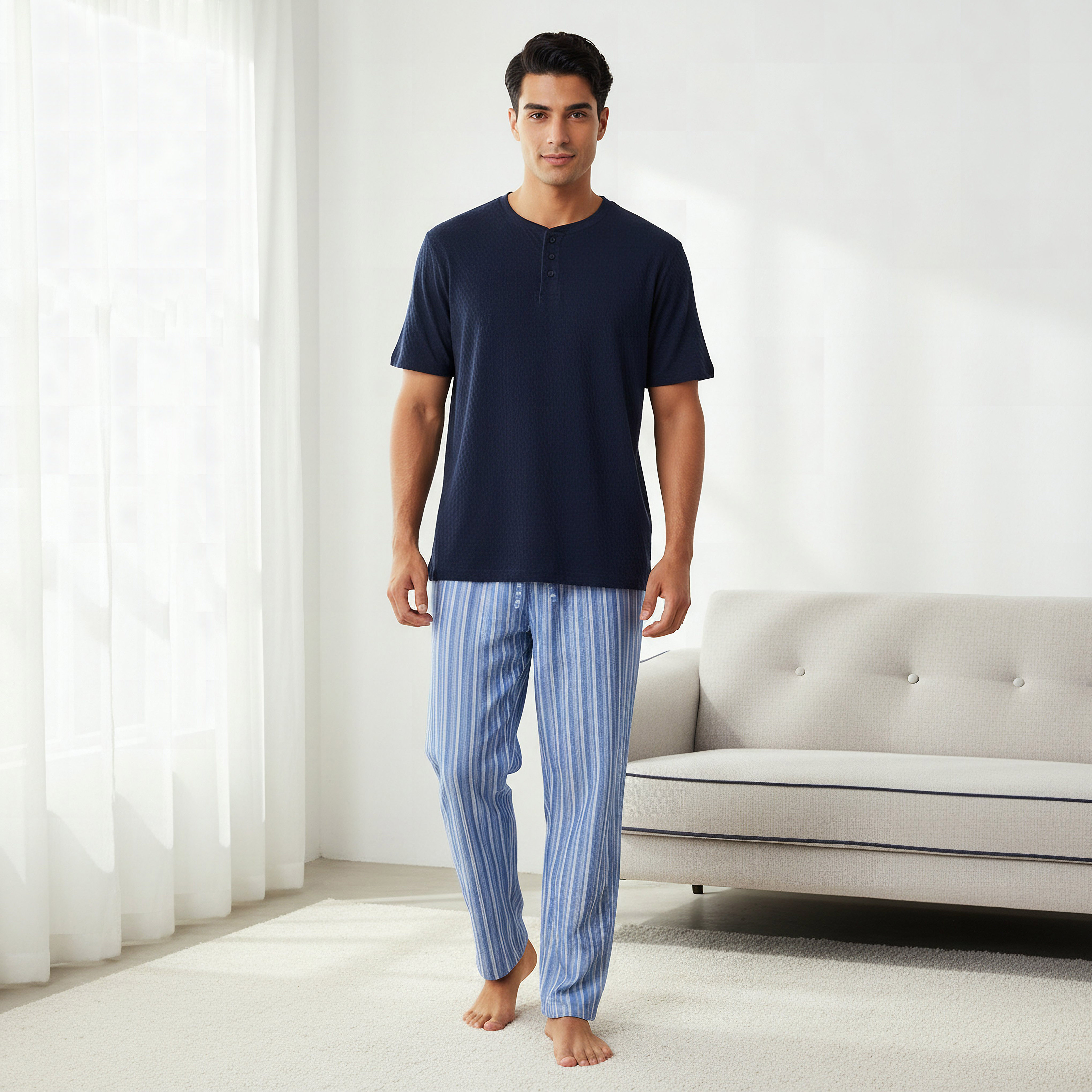 Men Cotton Striped Button Front Nightwear Set-men-clothing-nightwear-sets-image-1