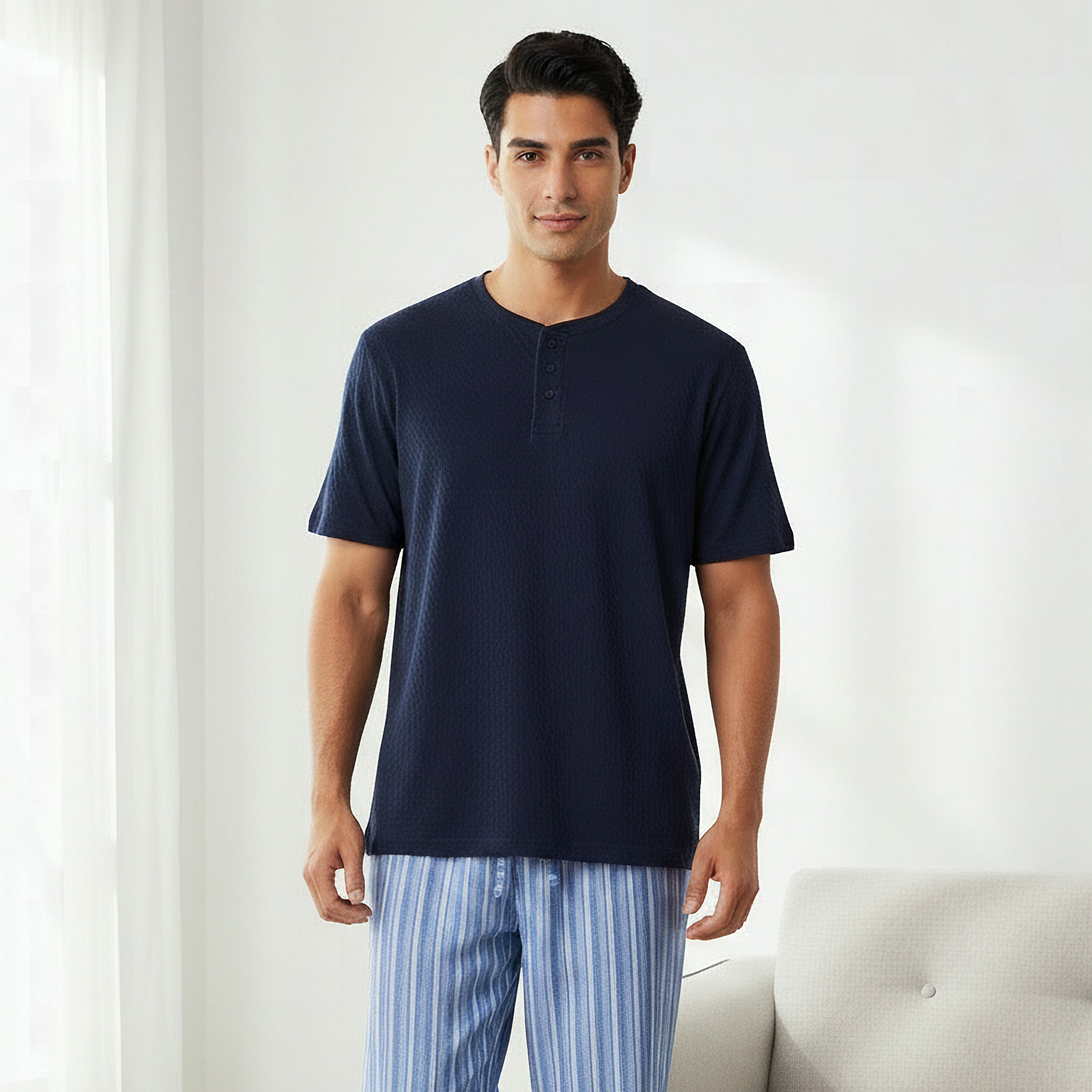 Men Cotton Striped Button Front Nightwear Set-men-clothing-nightwear-sets-image-2
