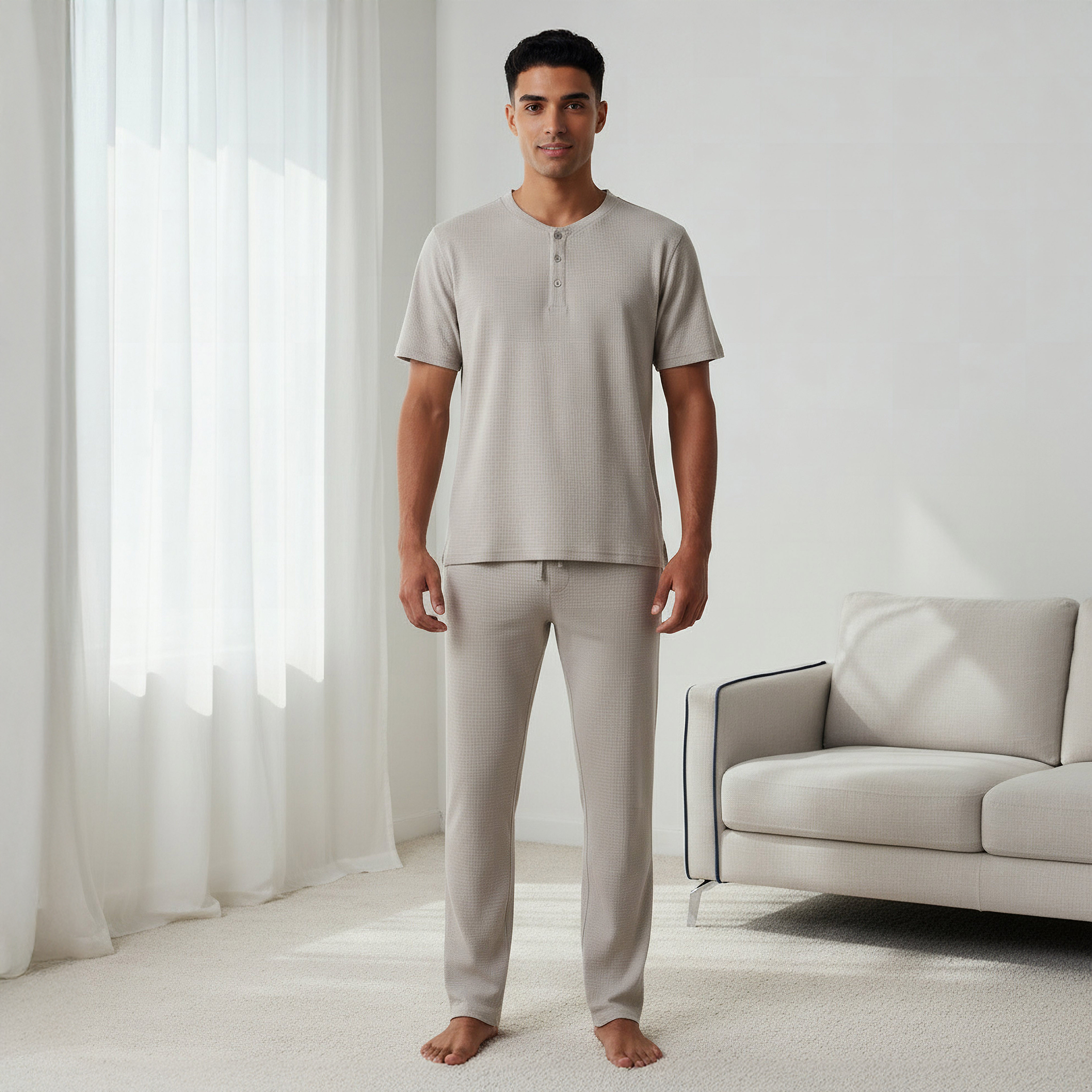 طقم نوم قطن وافل بارز الملمس وياقة هنلي للرجال-men-clothing-nightwear-sets-image-1