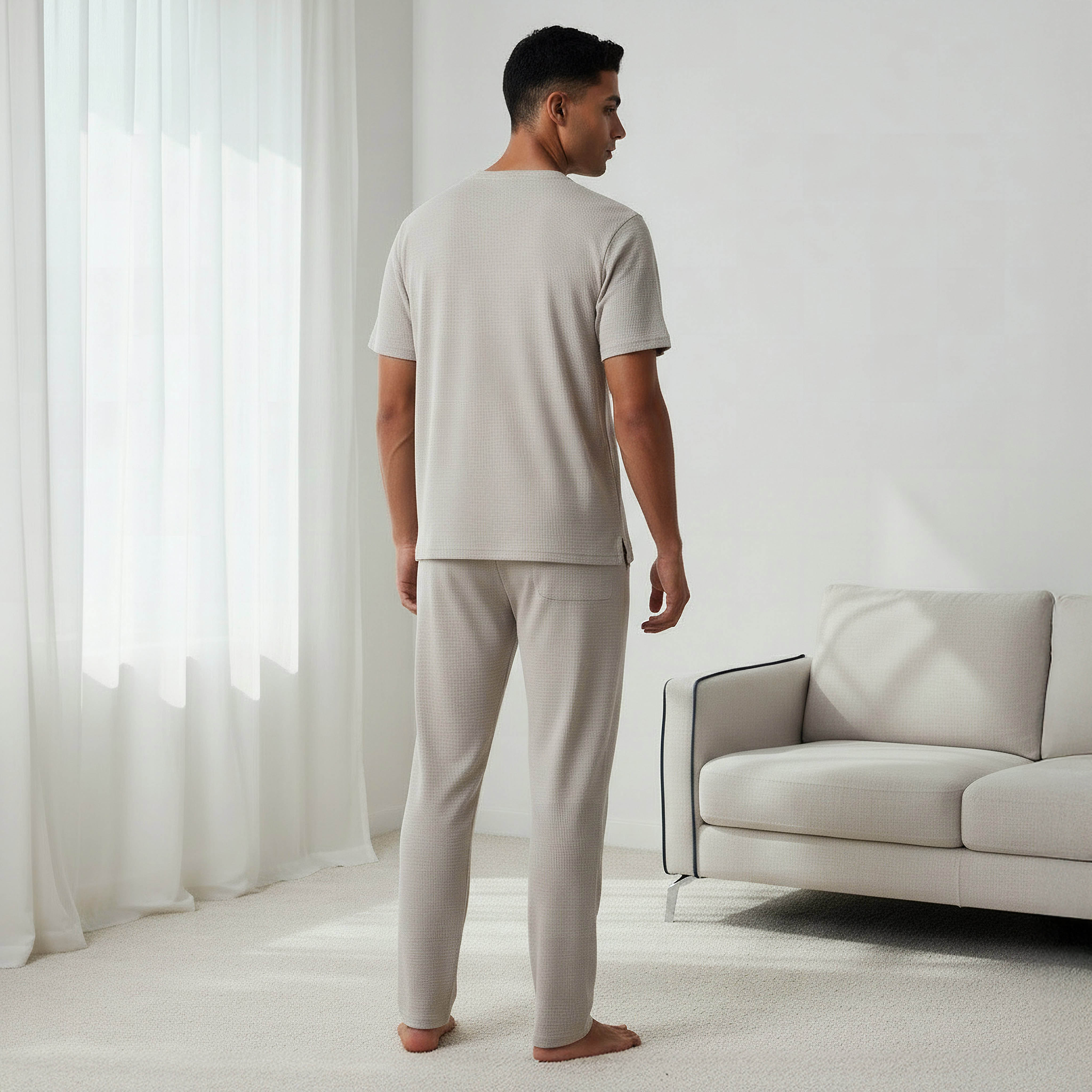 طقم نوم قطن وافل بارز الملمس وياقة هنلي للرجال-men-clothing-nightwear-sets-image-4
