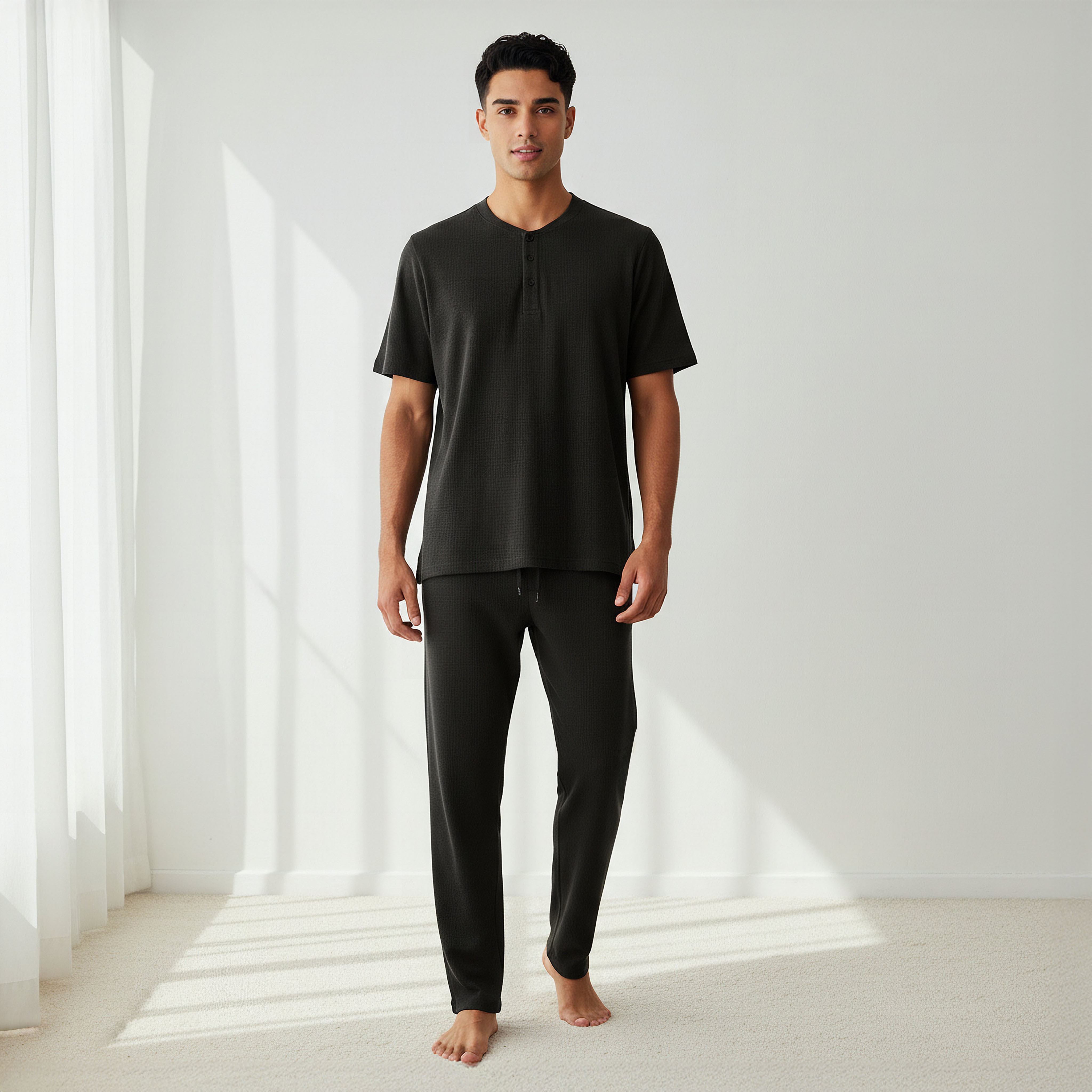 طقم نوم قطن وافل بارز الملمس وياقة هنلي للرجال-men-clothing-nightwear-sets-image-1