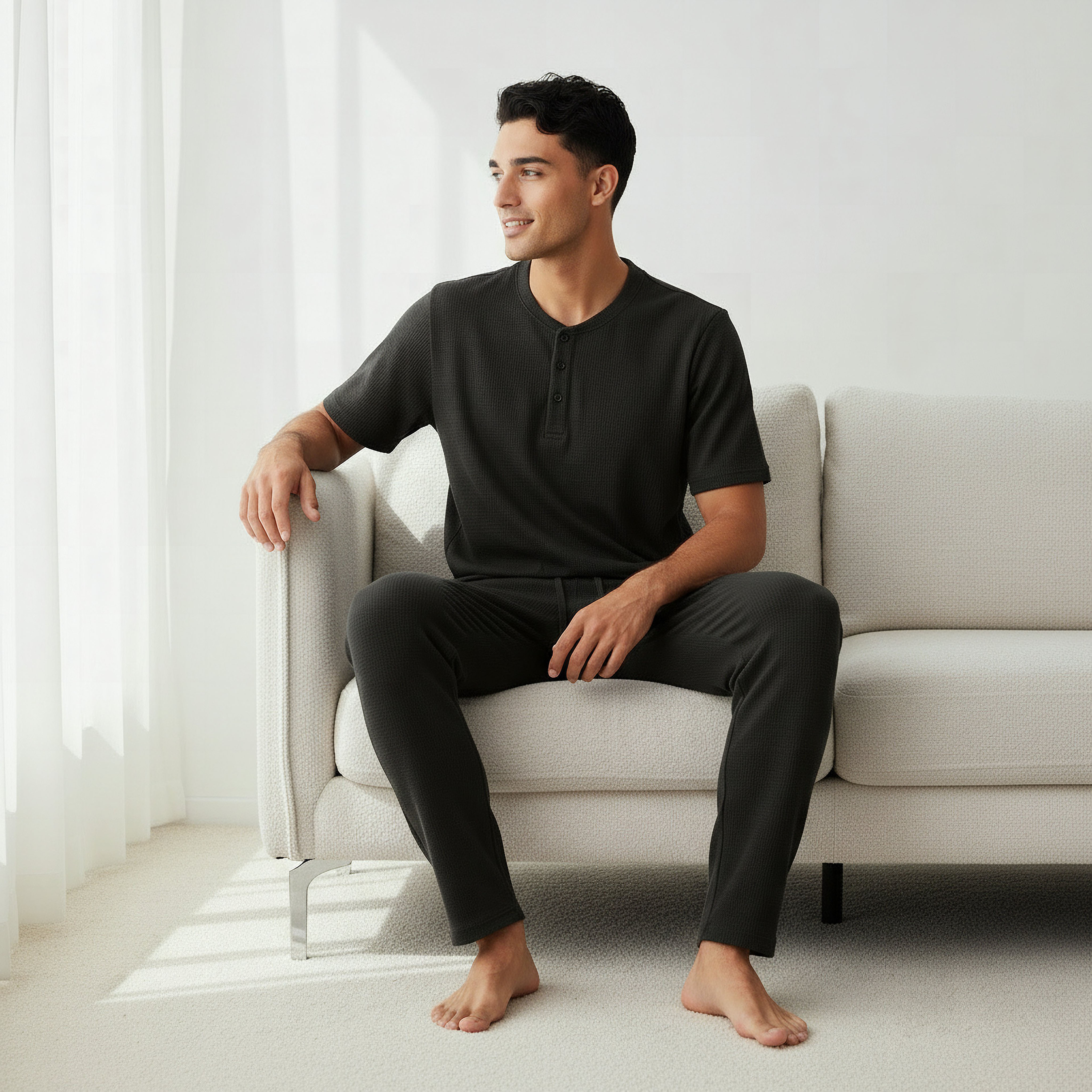 طقم نوم قطن وافل بارز الملمس وياقة هنلي للرجال-men-clothing-nightwear-sets-image-2