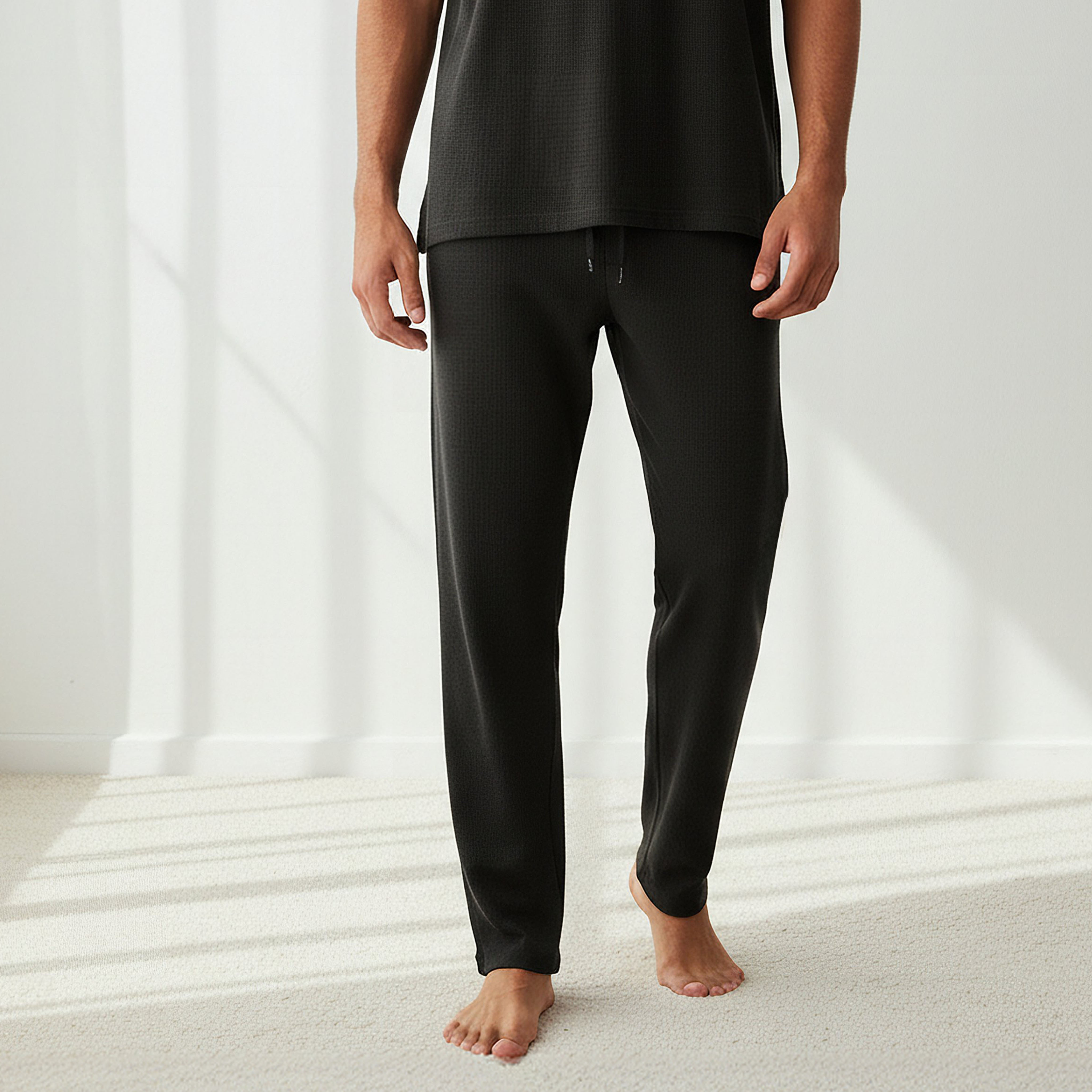طقم نوم قطن وافل بارز الملمس وياقة هنلي للرجال-men-clothing-nightwear-sets-image-4