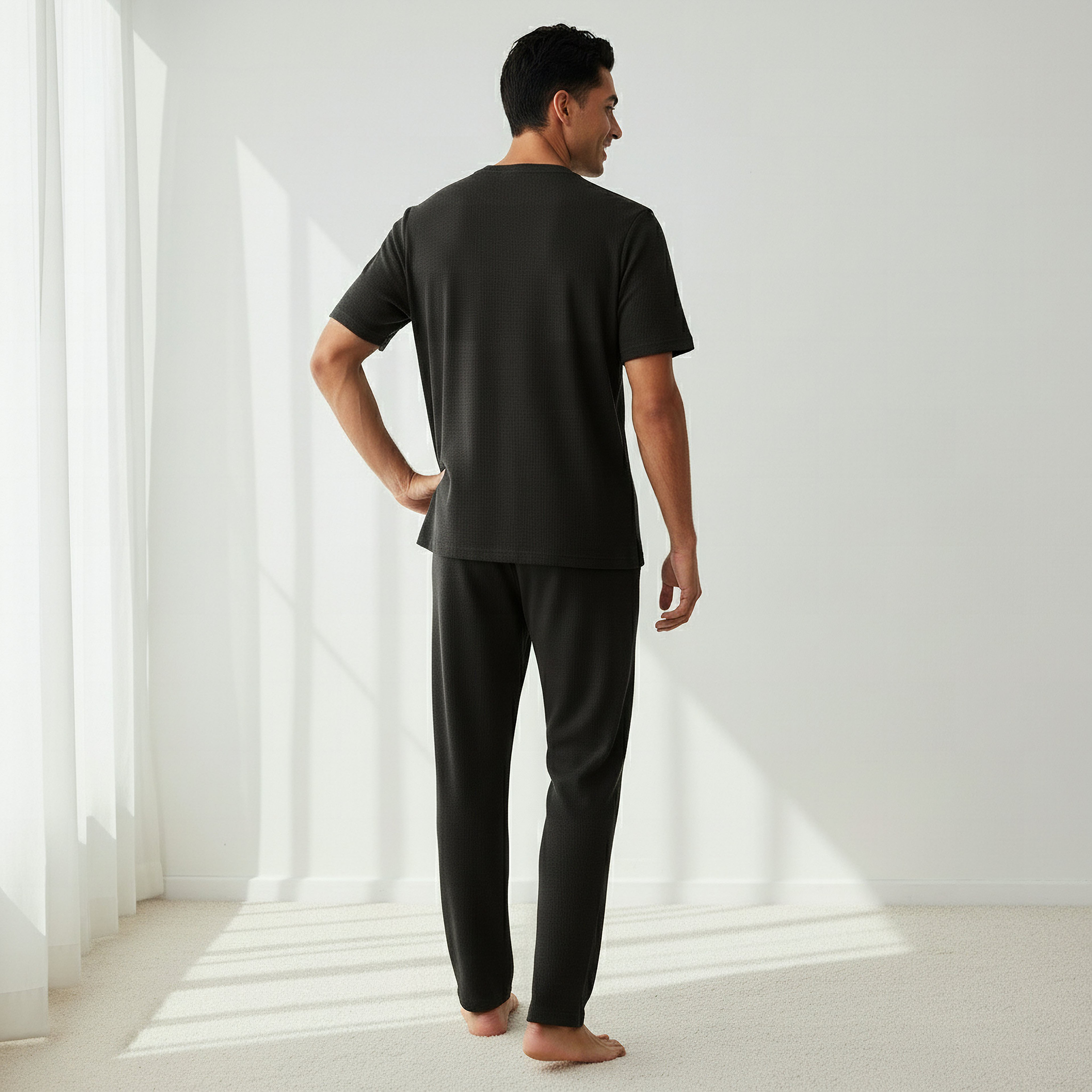 طقم نوم قطن وافل بارز الملمس وياقة هنلي للرجال-men-clothing-nightwear-sets-image-5