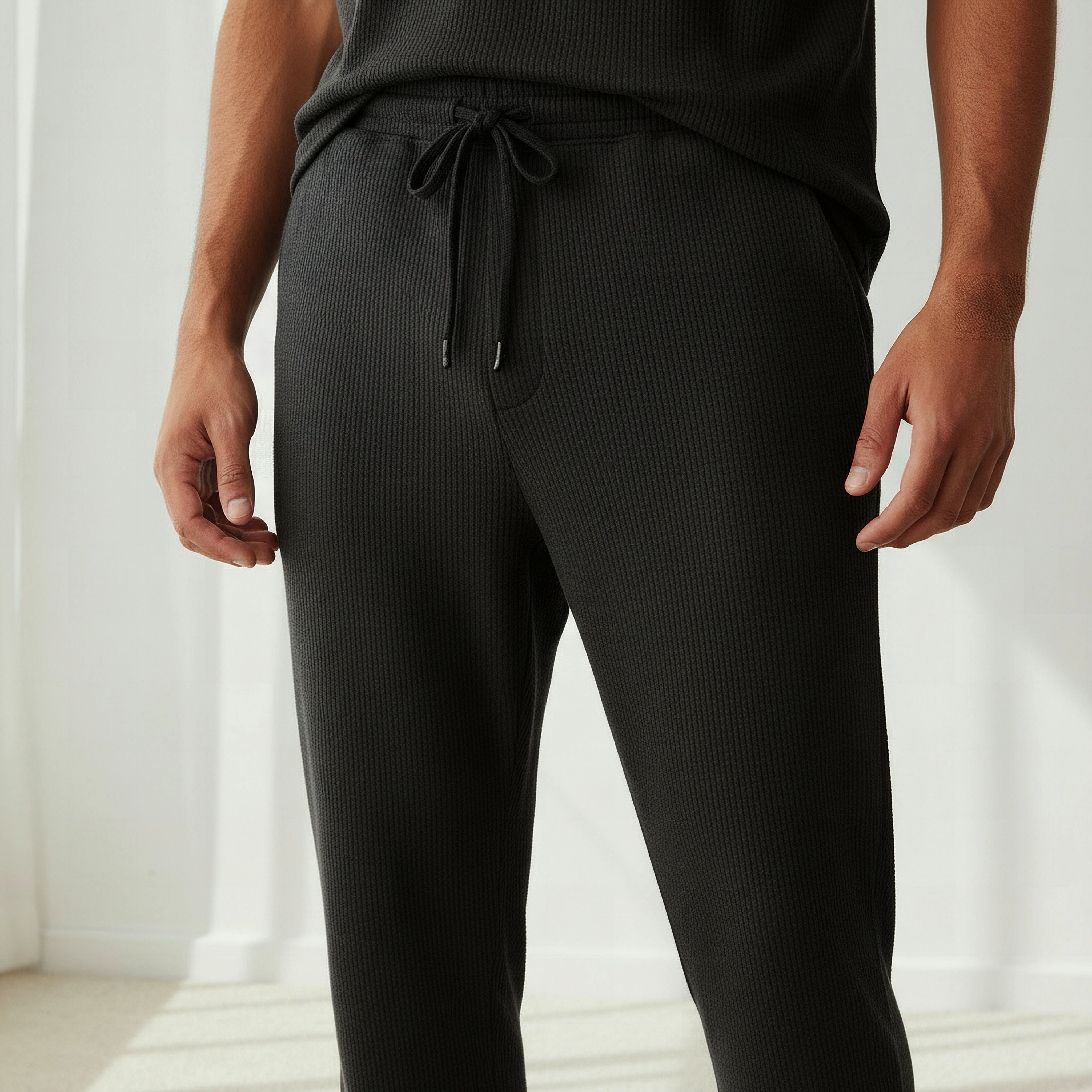 طقم نوم قطن وافل بارز الملمس وياقة هنلي للرجال-men-clothing-nightwear-sets-image-8