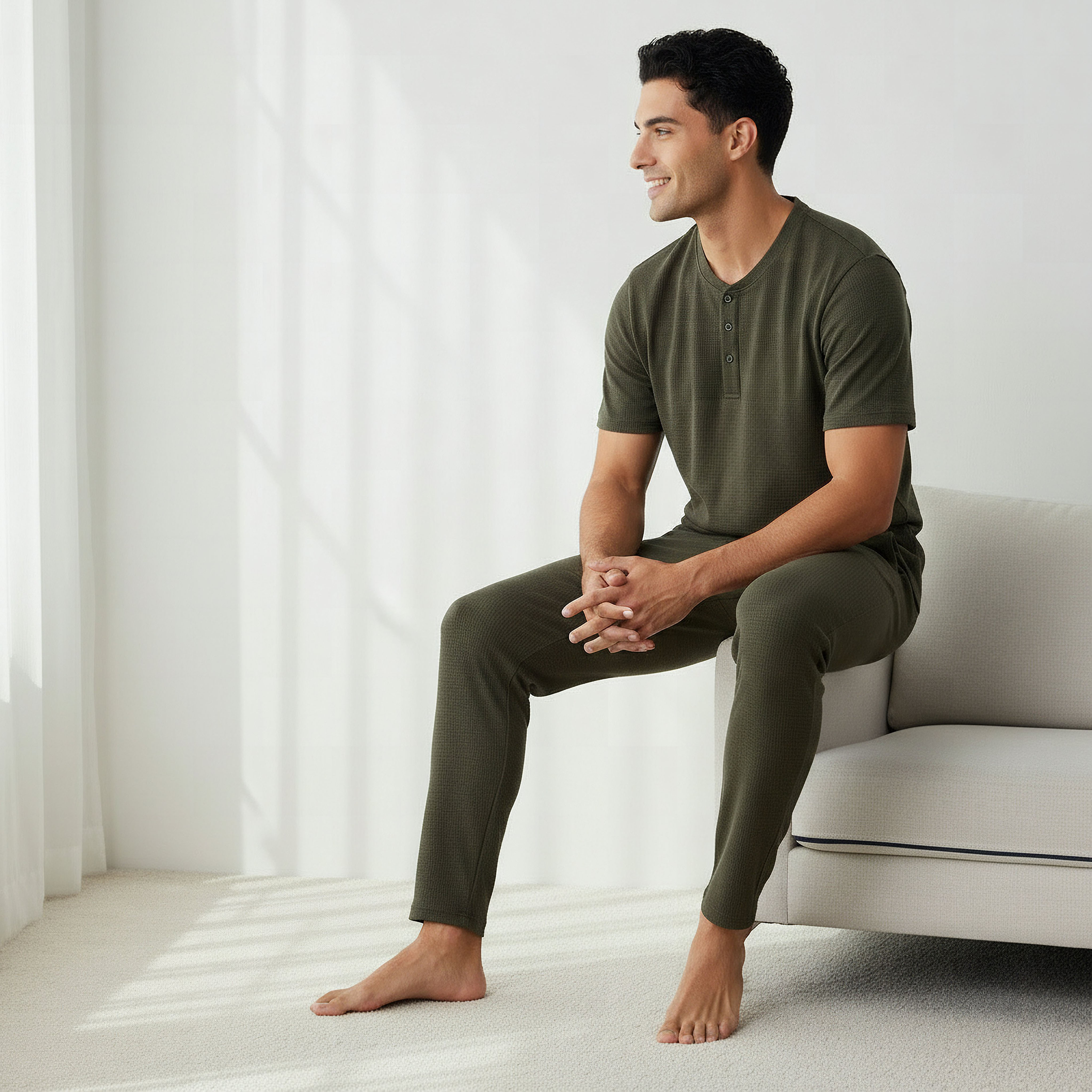 طقم نوم قطن وافل بارز الملمس وياقة هنلي للرجال-men-clothing-nightwear-sets-image-2