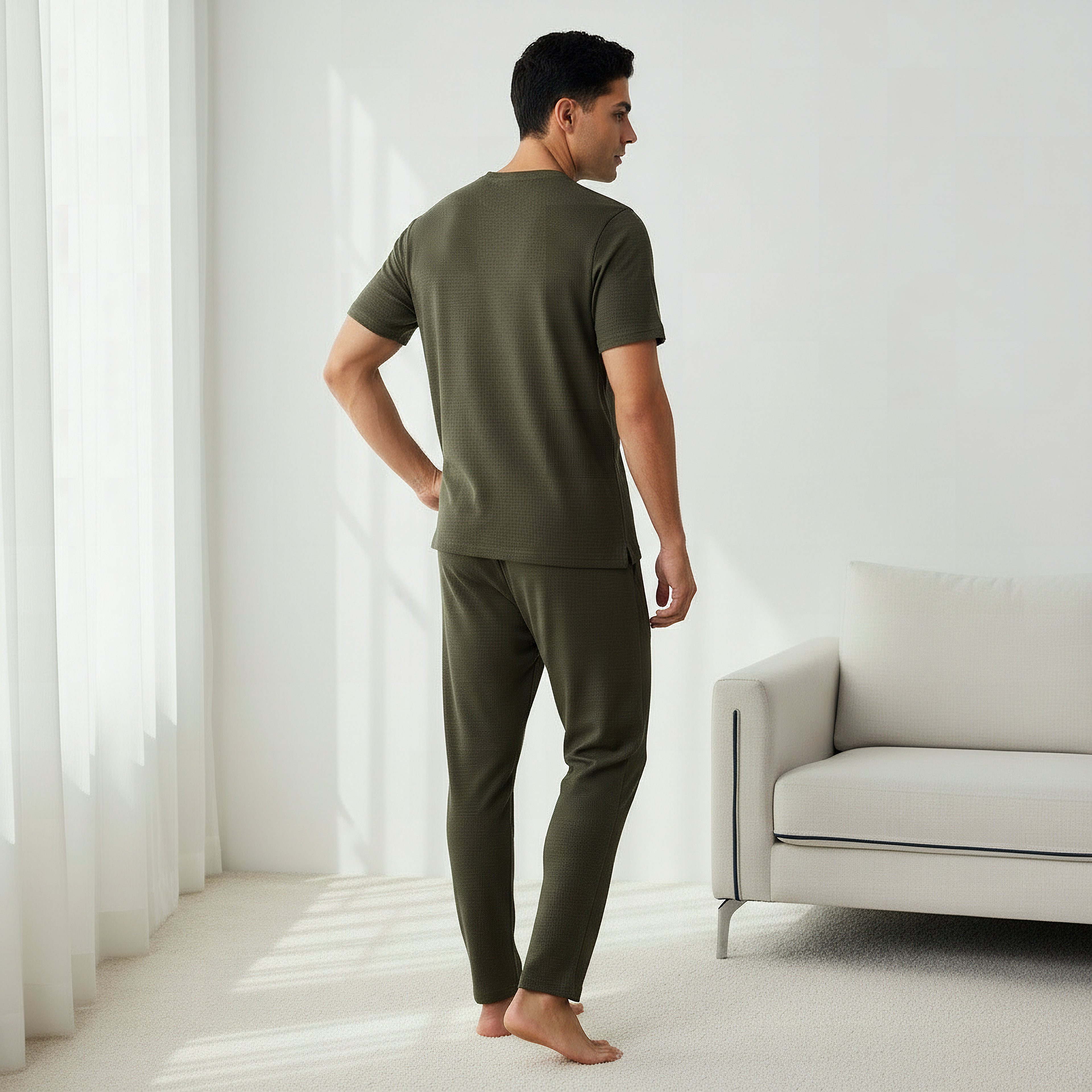 طقم نوم قطن وافل بارز الملمس وياقة هنلي للرجال-men-clothing-nightwear-sets-image-5