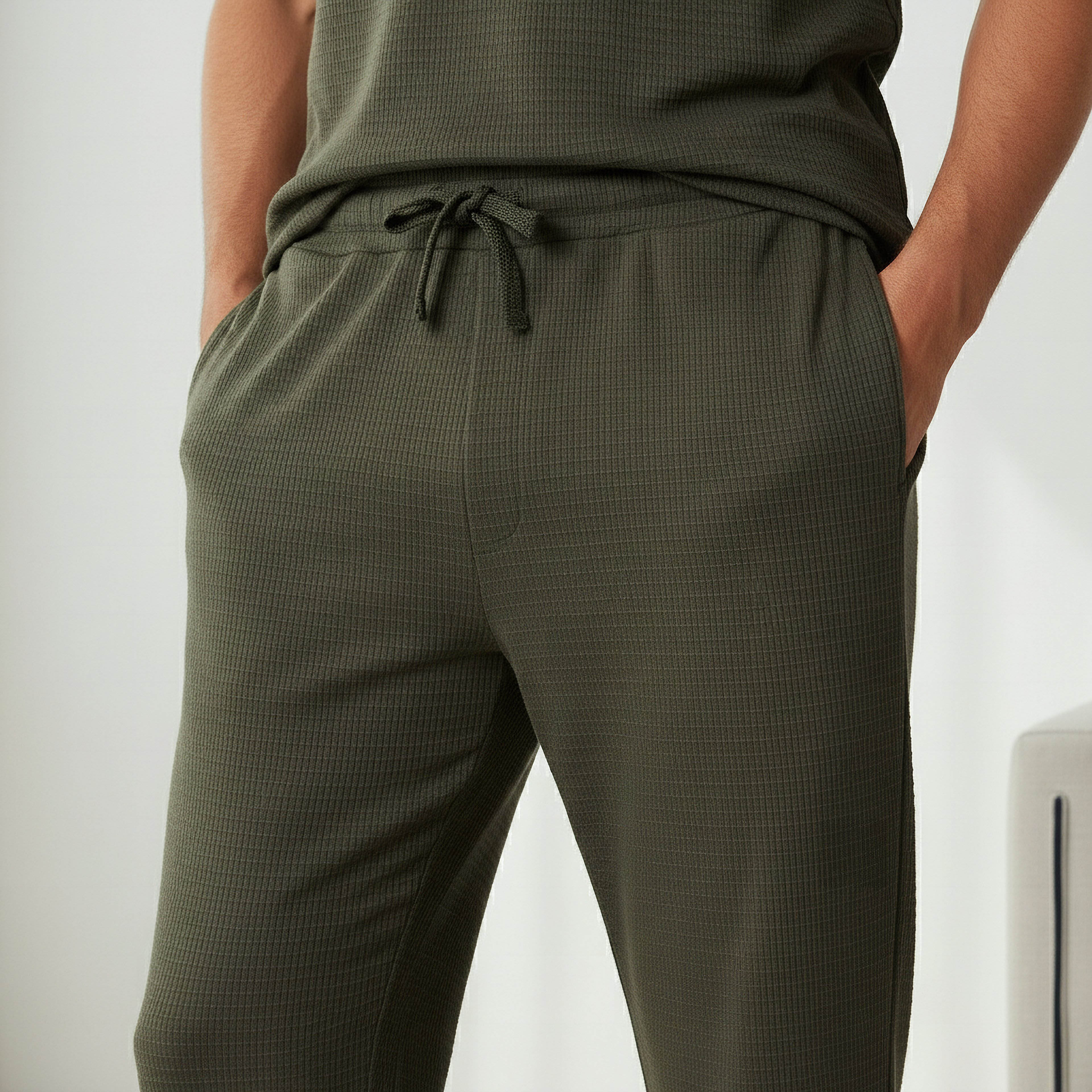 طقم نوم قطن وافل بارز الملمس وياقة هنلي للرجال-men-clothing-nightwear-sets-image-7