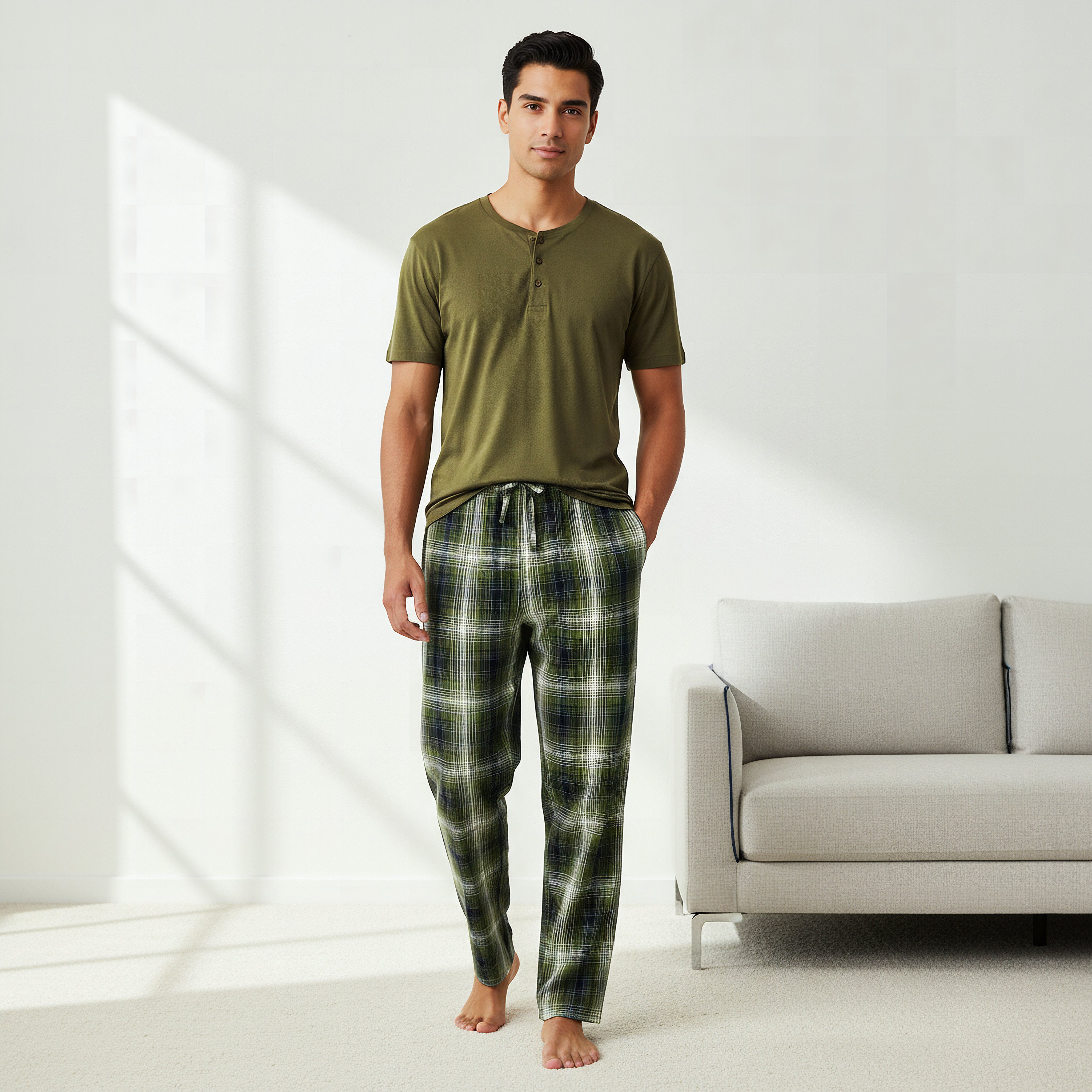 Men Cotton Checked Button Front Nightwear Set-men-clothing-nightwear-sets-image-1