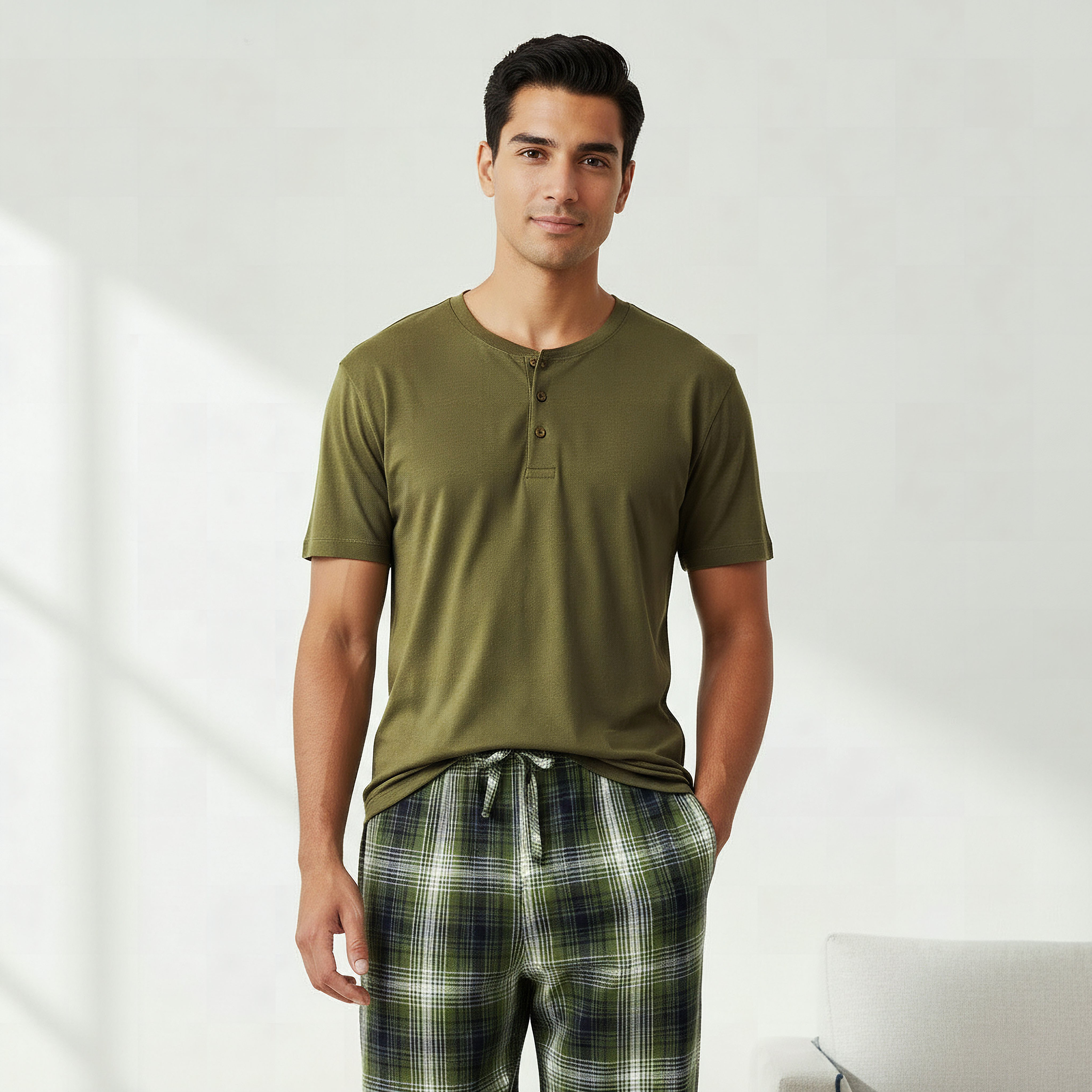 Men Cotton Checked Button Front Nightwear Set-men-clothing-nightwear-sets-image-2
