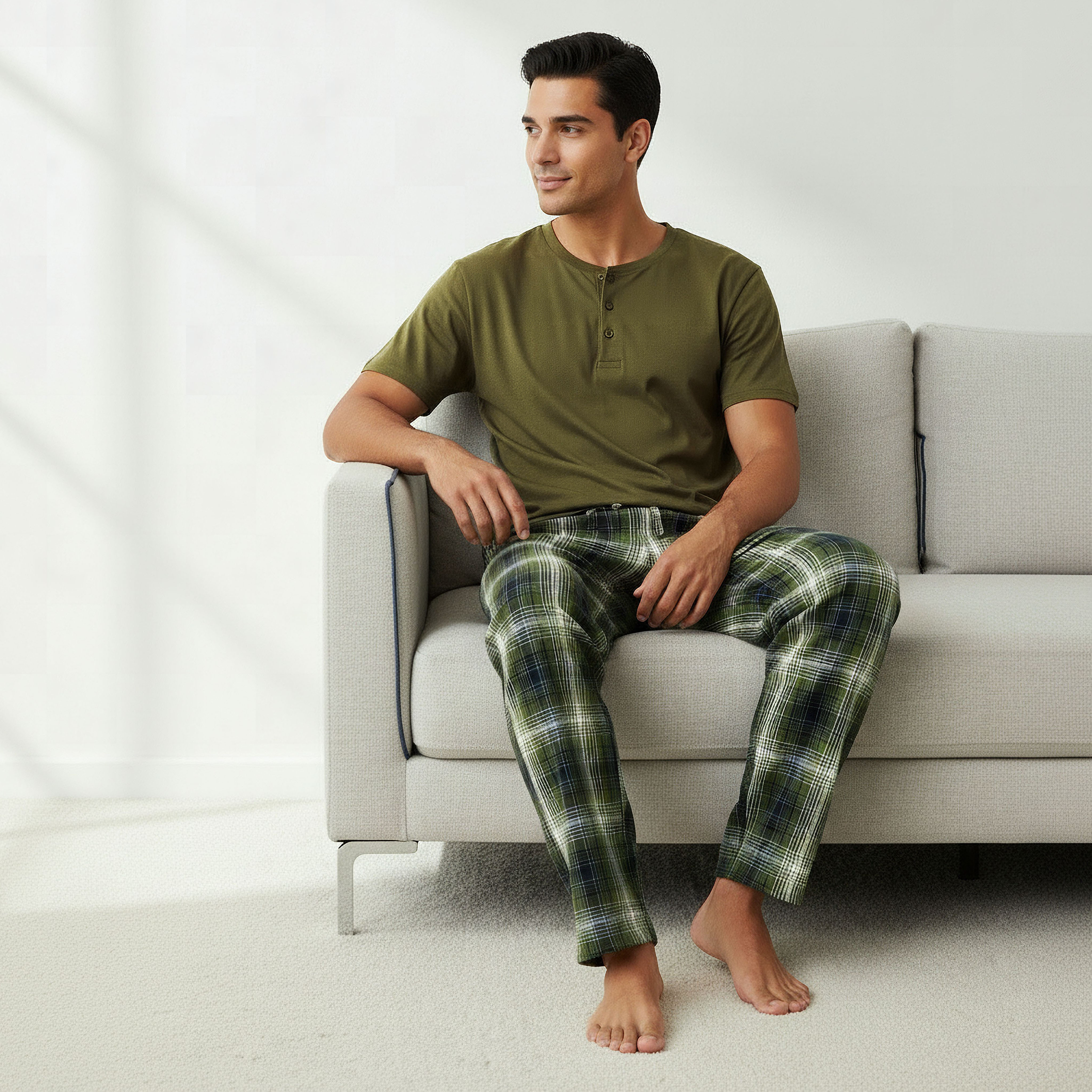 Men Cotton Checked Button Front Nightwear Set-men-clothing-nightwear-sets-image-5
