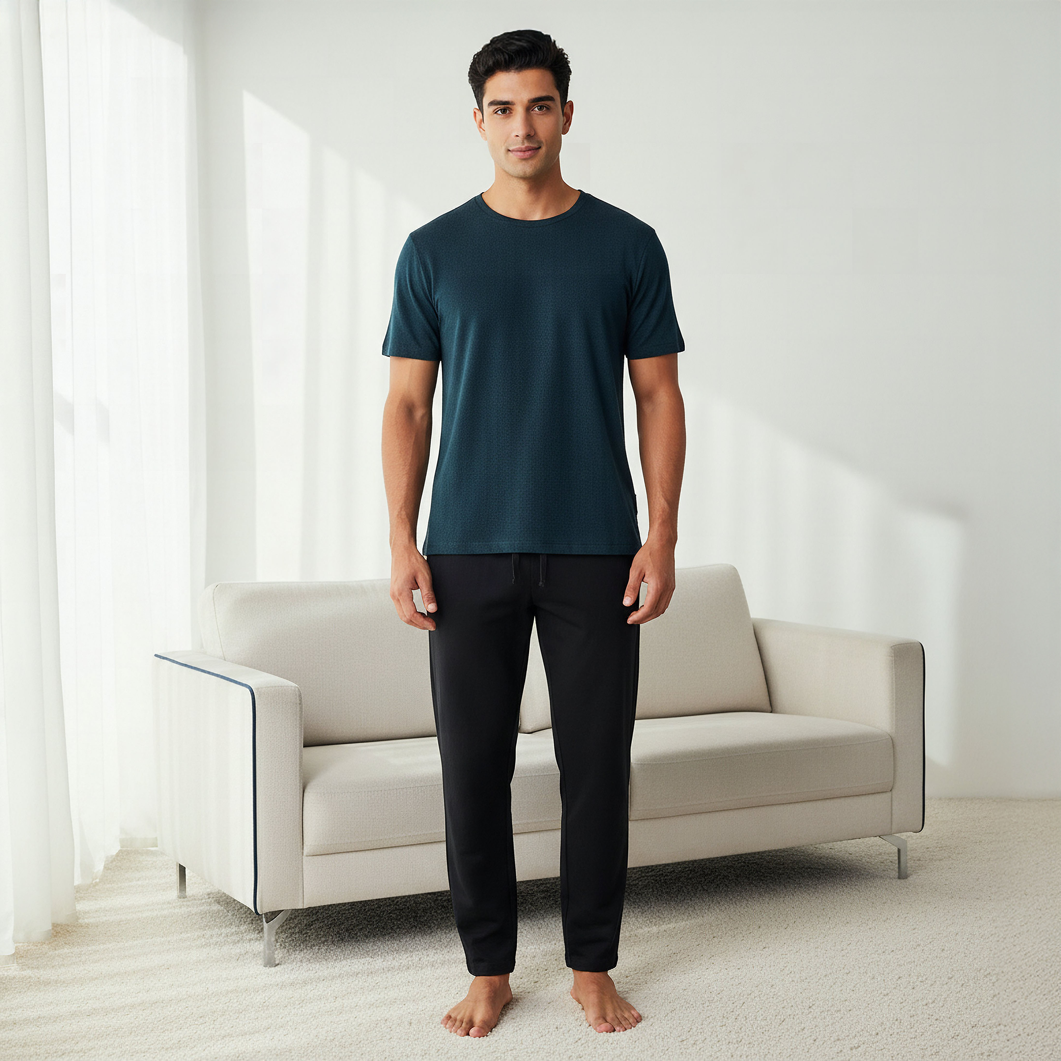 Men Cotton Herringbone Textured Drawstring Closure Nightwear Set-men-clothing-nightwear-sets-image-1