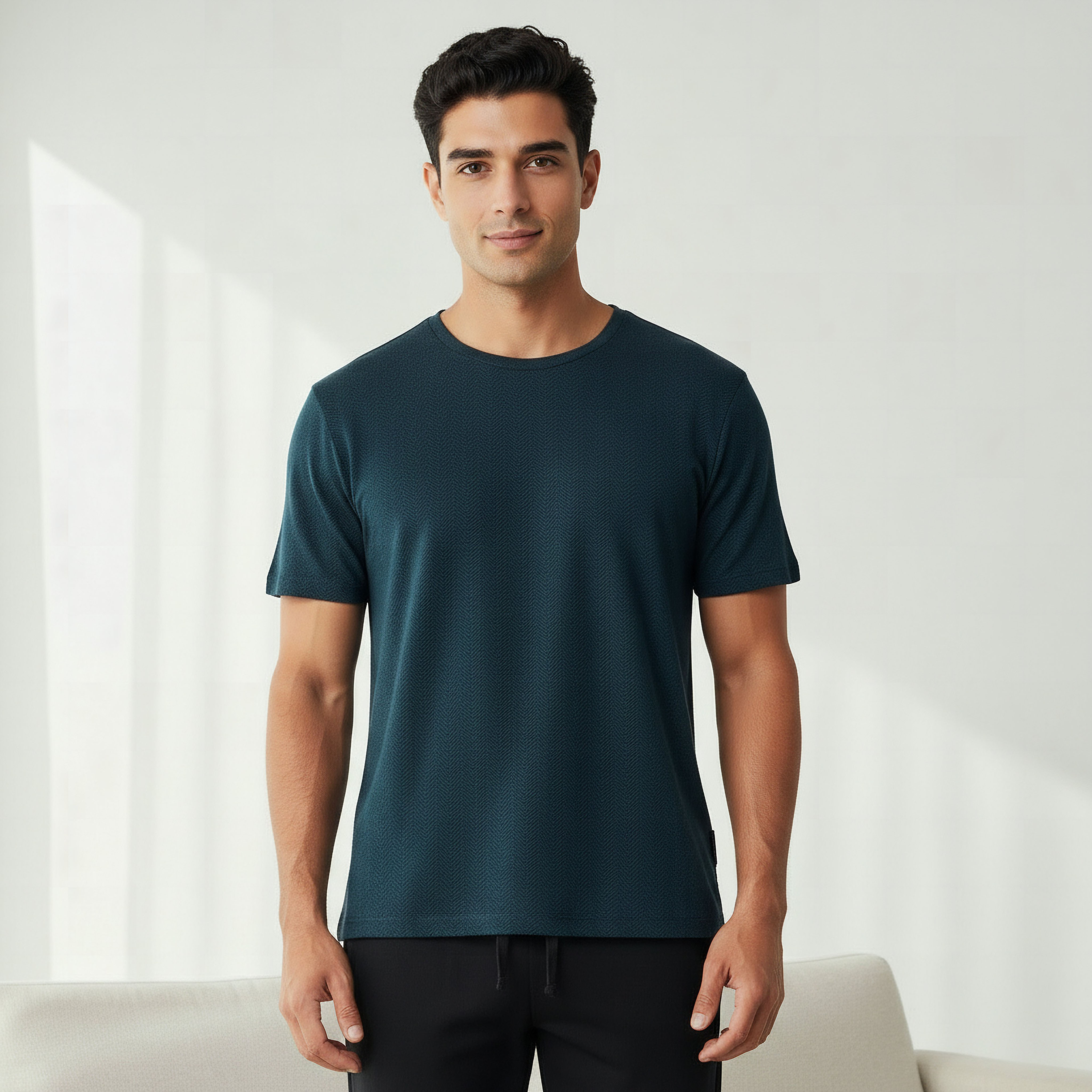 Men Cotton Herringbone Textured Drawstring Closure Nightwear Set-men-clothing-nightwear-sets-image-2