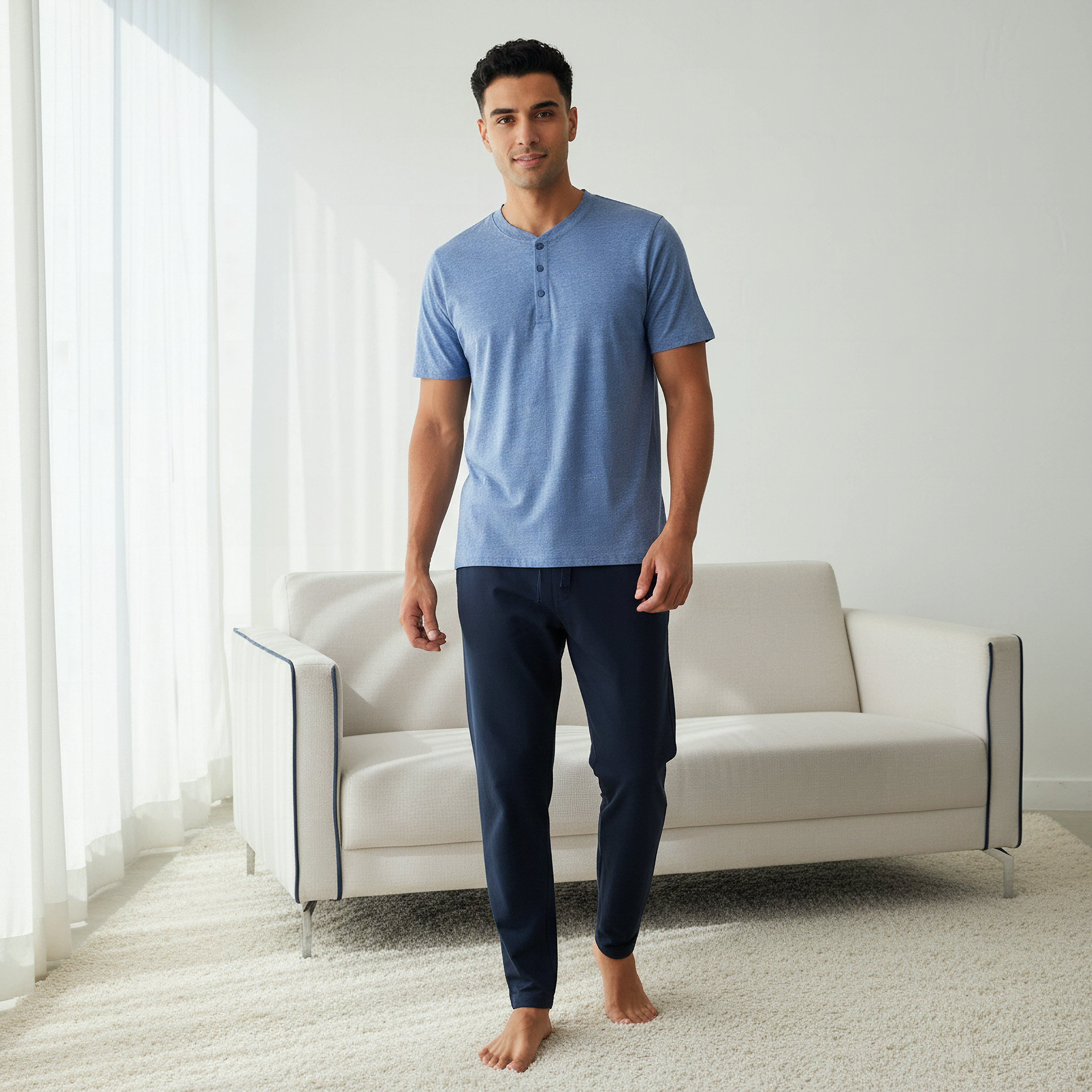 Men Cotton Textured Drawstring Closure Nightwear Set-men-clothing-nightwear-sets-image-1