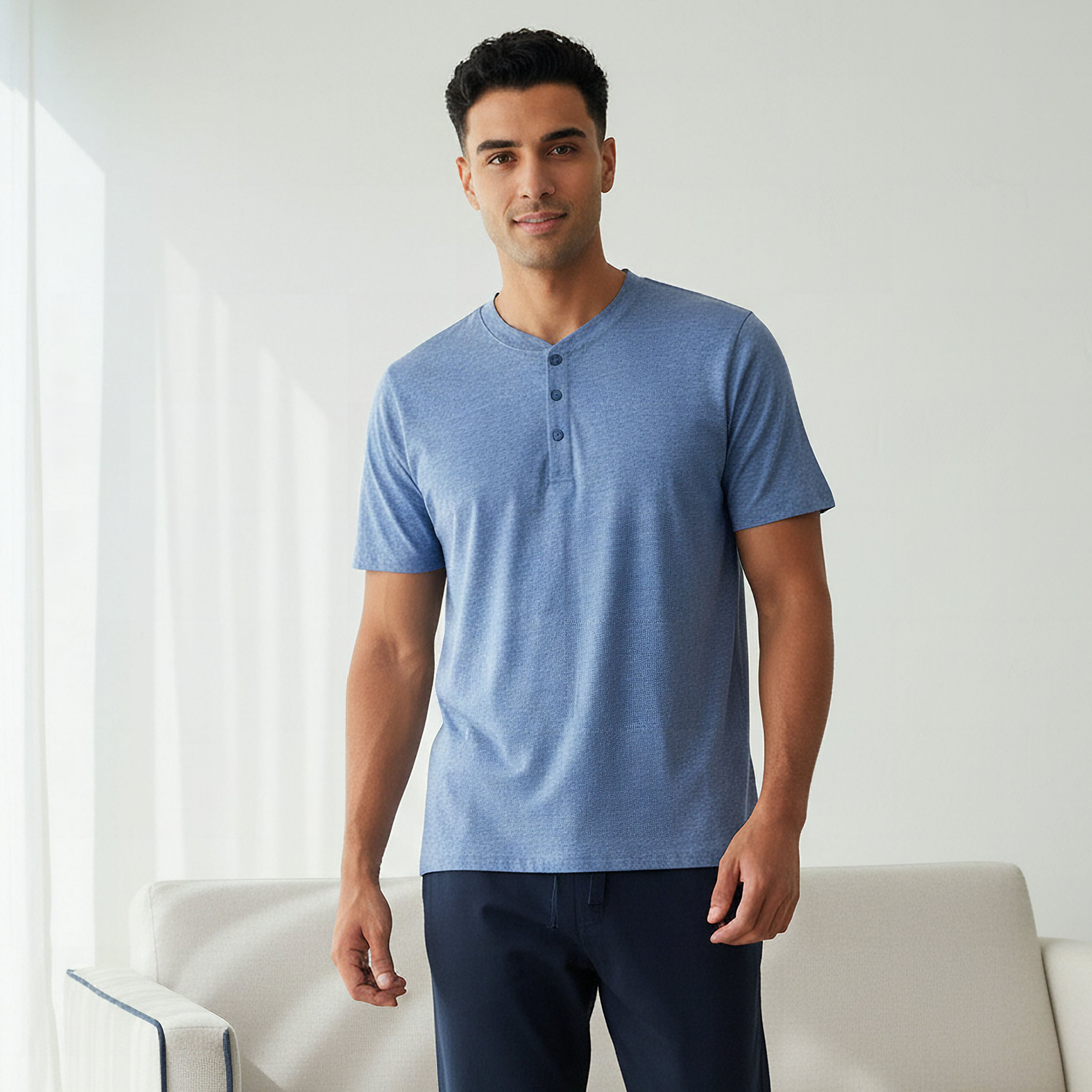 Men Cotton Textured Drawstring Closure Nightwear Set-men-clothing-nightwear-sets-image-2