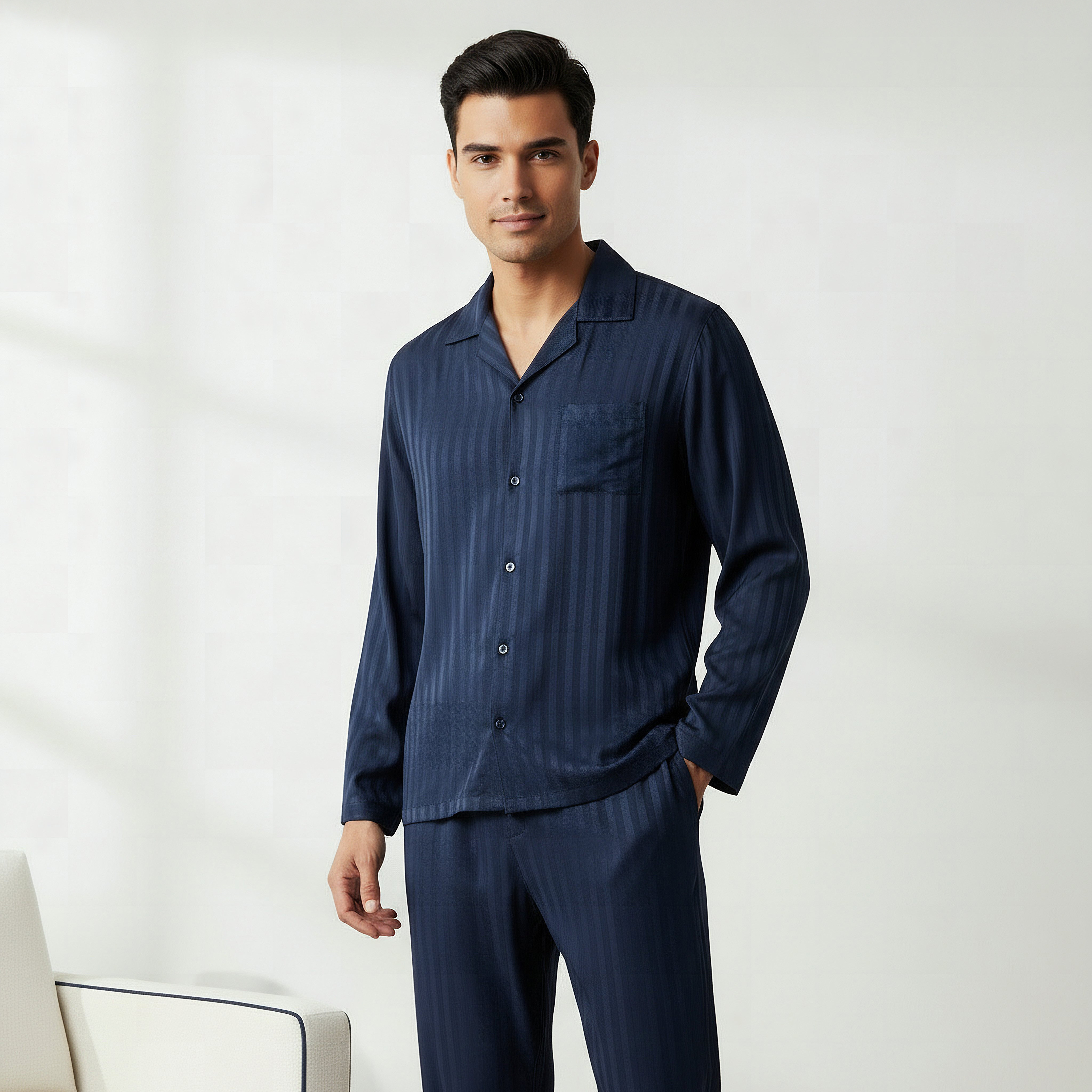 Men Modal Striped Button Front Nightwear Set-men-clothing-nightwear-sets-image-2