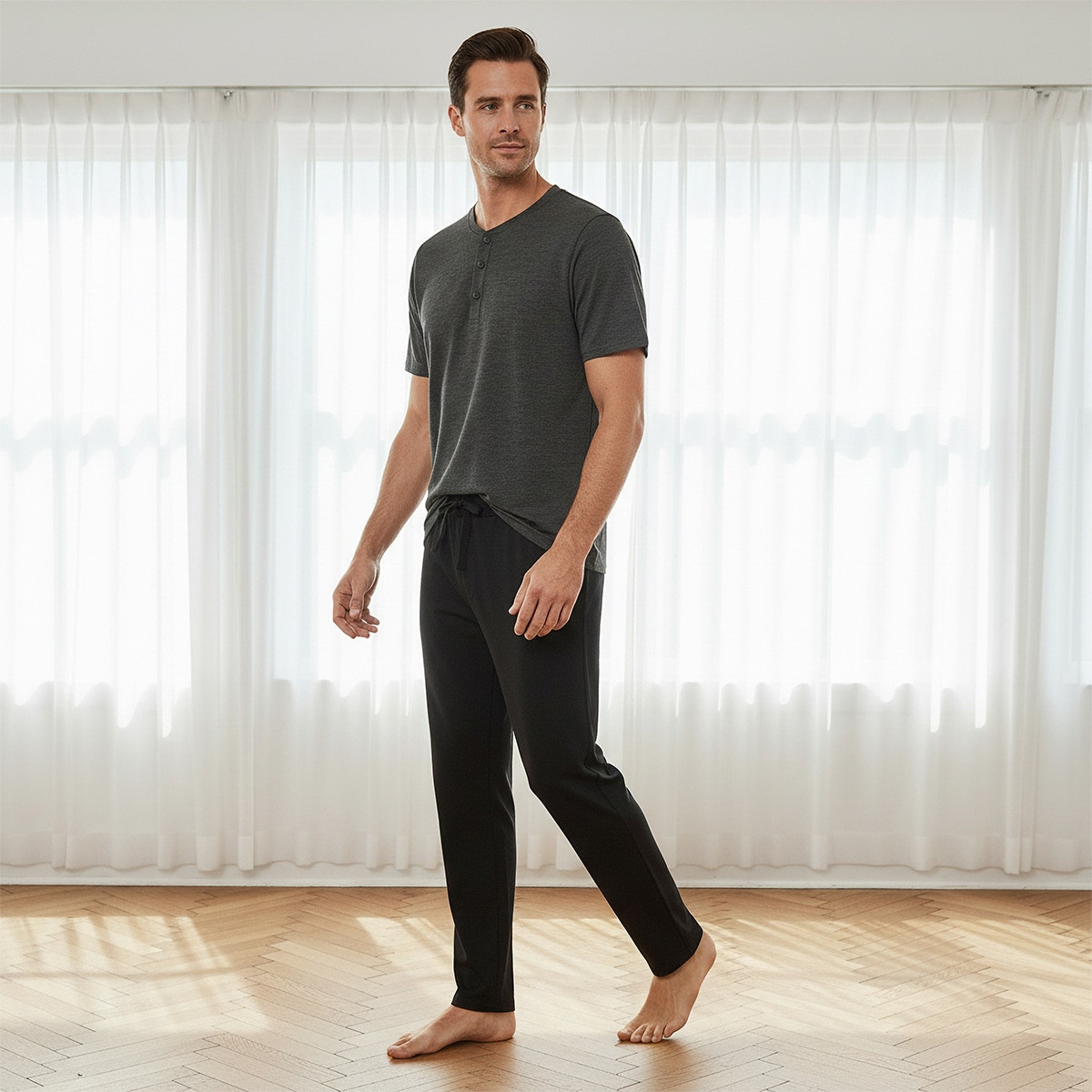 Textured Henley Neck Nightwear Set-men-clothing-nightwear-sets-image-1