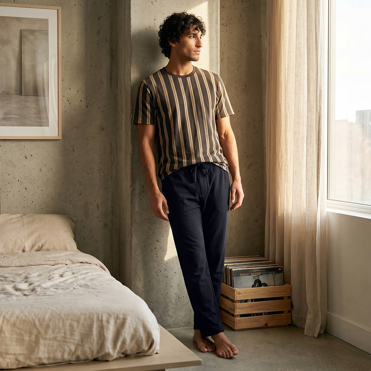 Striped Drawstring Waist Nightwear Set-men-clothing-nightwear-sets-image-1