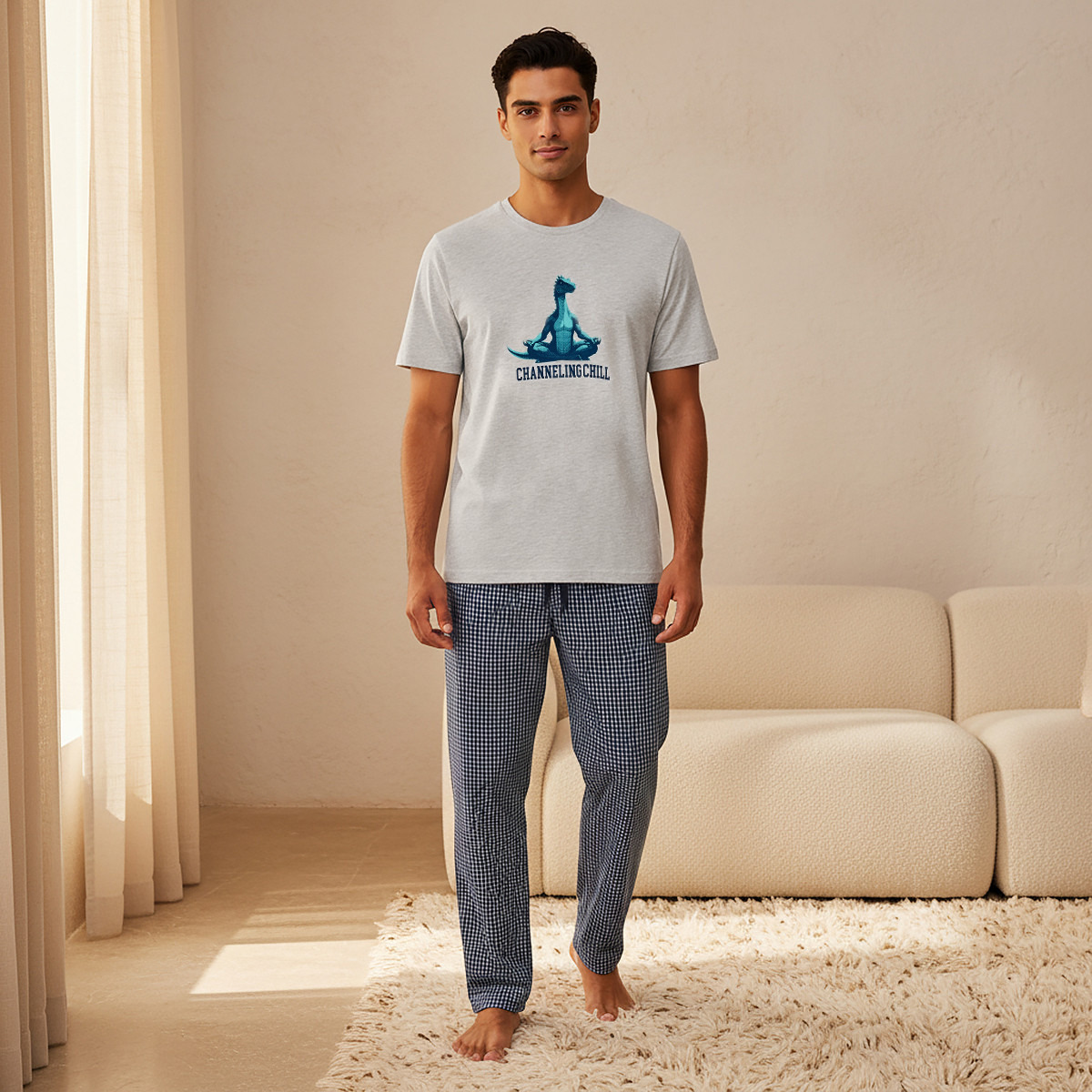 Men Cotton Checked Drawstring Waist Nightwear Set-men-clothing-nightwear-sets-image-1