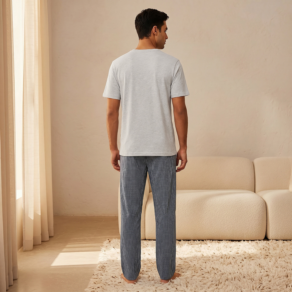 Men Cotton Checked Drawstring Waist Nightwear Set-men-clothing-nightwear-sets-image-4
