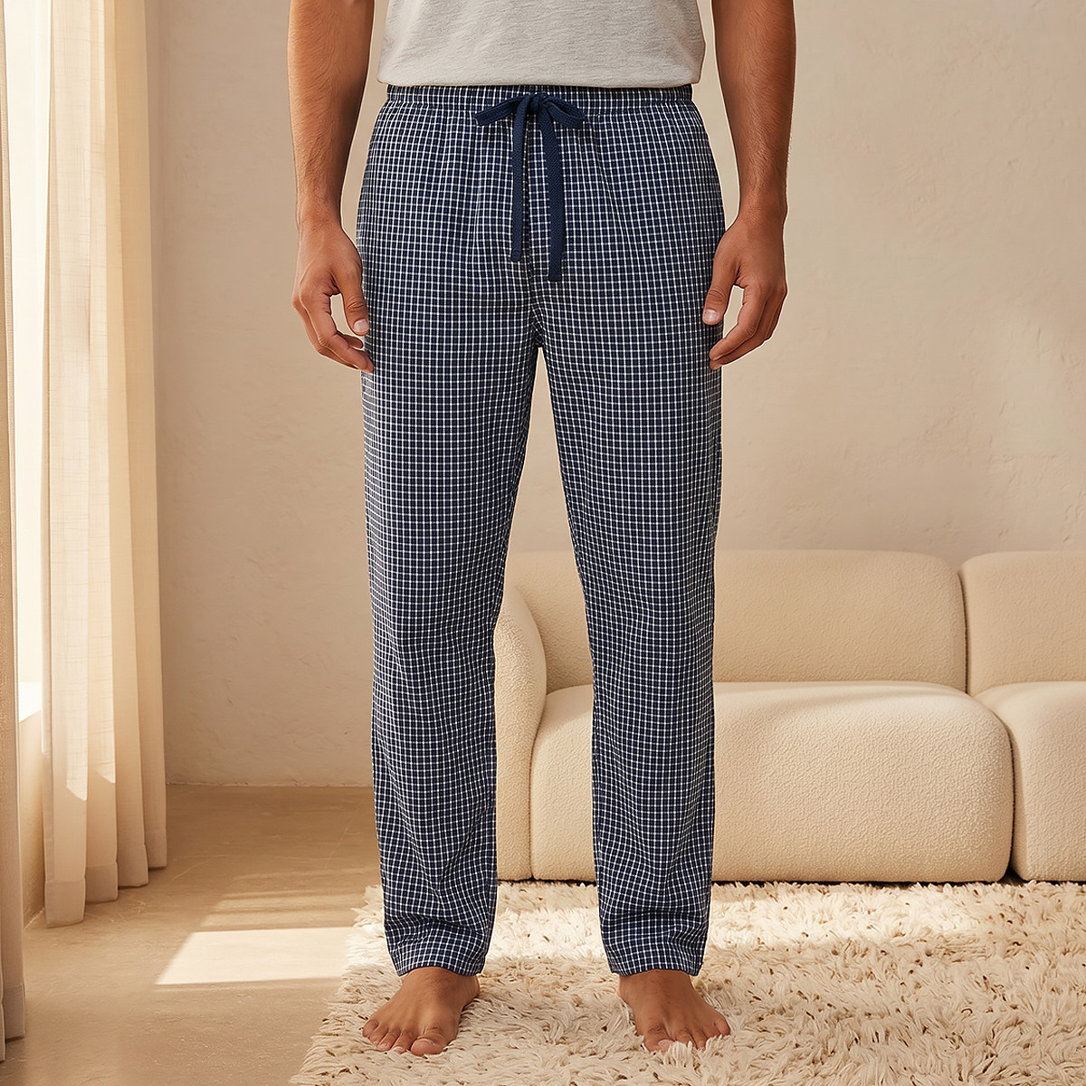 Men Cotton Checked Drawstring Waist Nightwear Set-men-clothing-nightwear-sets-image-5