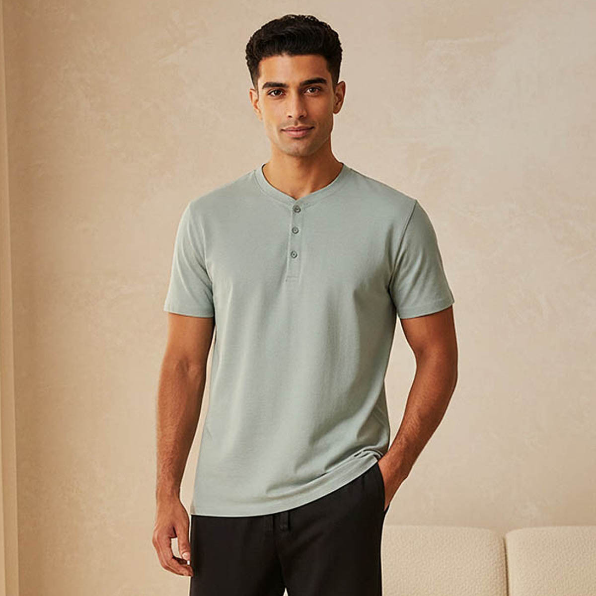 طقم بيجاما رجالي بياقة هنلي-men-clothing-nightwear-sets-image-3