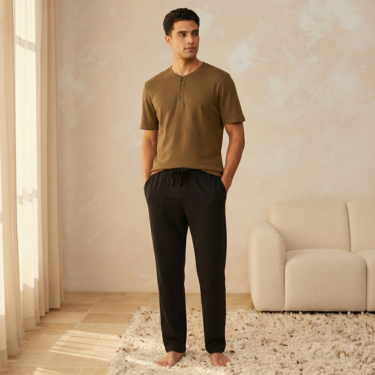 Men Cotton Ribbed Drawstring Waist Nightwear Set-men-clothing-nightwear-sets-image-1