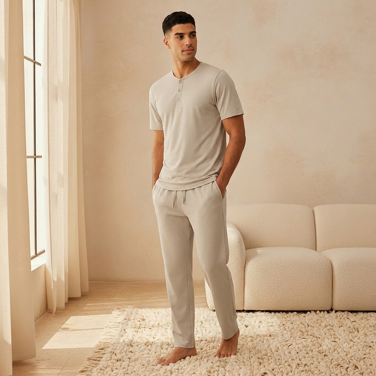 Men Drawstring Waist Nightwear Set-men-clothing-nightwear-sets-image-1