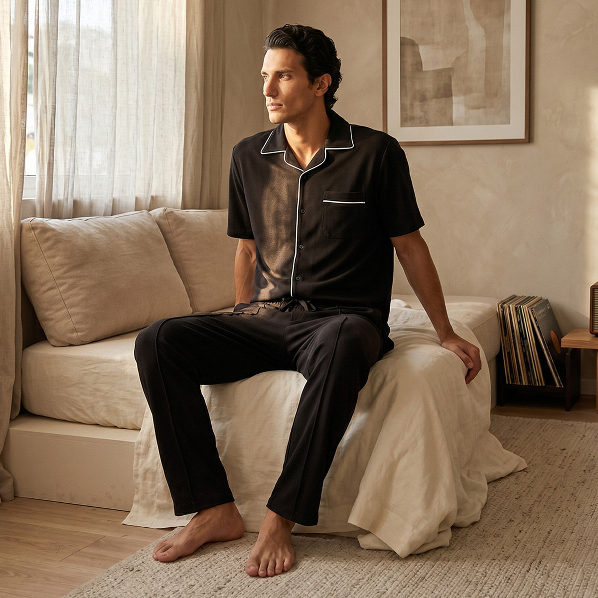 Cotton Piping Detail Button Front Nightwear Set-men-clothing-nightwear-sets-image-1