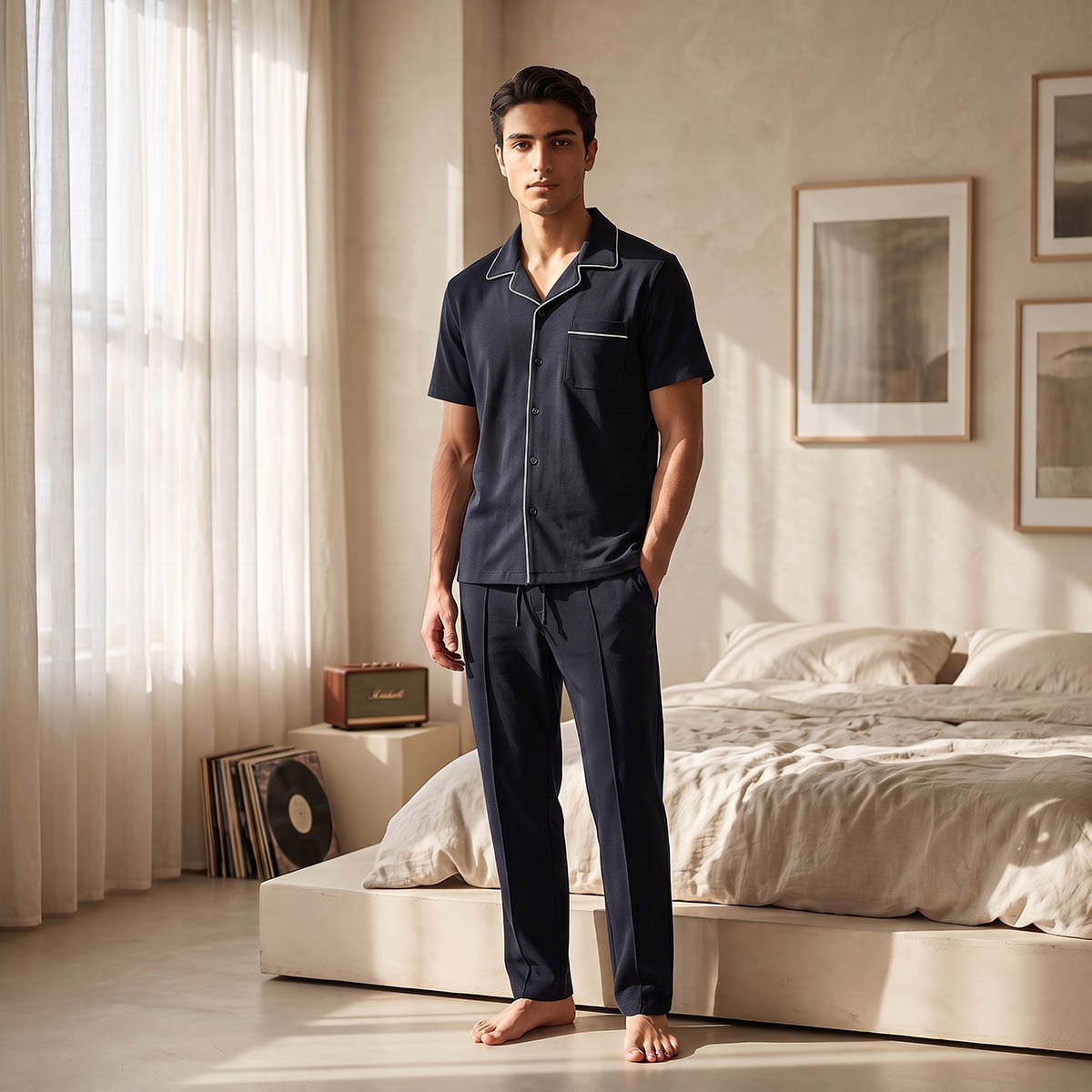 Cotton Piping Detail Button Front Nightwear Set-men-clothing-nightwear-sets-image-1