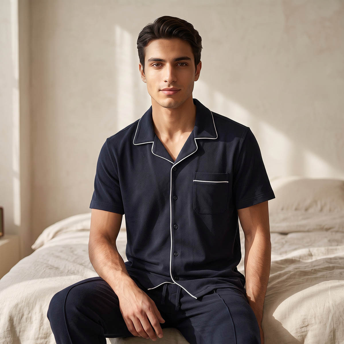 Cotton Piping Detail Button Front Nightwear Set-men-clothing-nightwear-sets-image-3