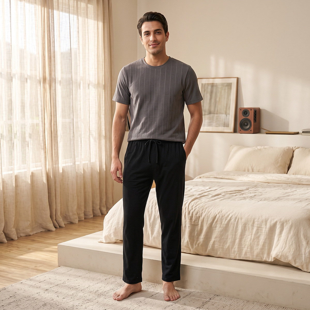 طقم بنطلون بيجاما وتيشيرت بارز الملمس-men-clothing-nightwear-sets-image-1