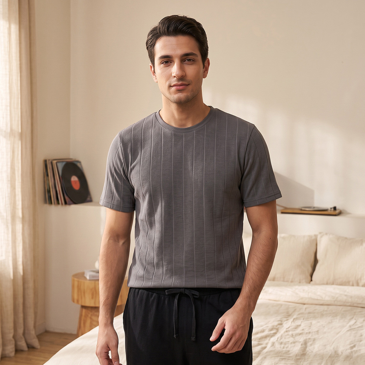 طقم بنطلون بيجاما وتيشيرت بارز الملمس-men-clothing-nightwear-sets-image-4