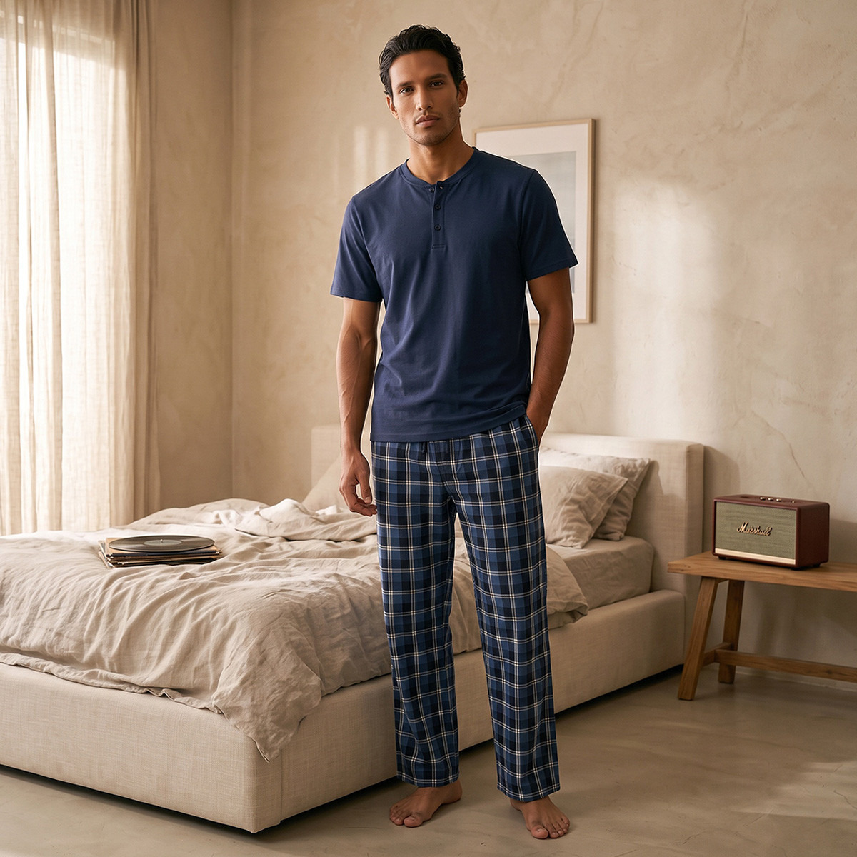 Checked Henley Neck Nightwear Set-men-clothing-nightwear-sets-image-1