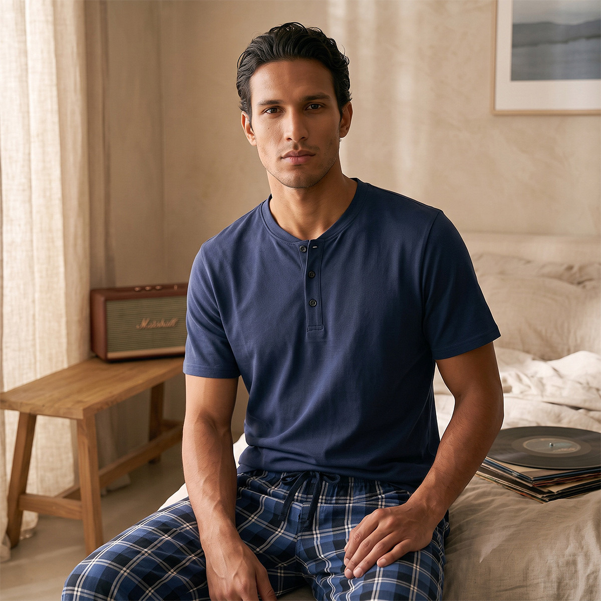 Checked Henley Neck Nightwear Set-men-clothing-nightwear-sets-image-2