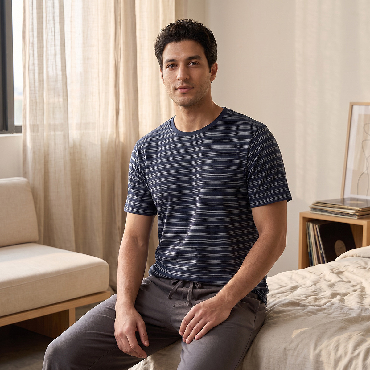طقم بنطلون بيجاما وتيشيرت قطن مخطط-men-clothing-nightwear-sets-image-1