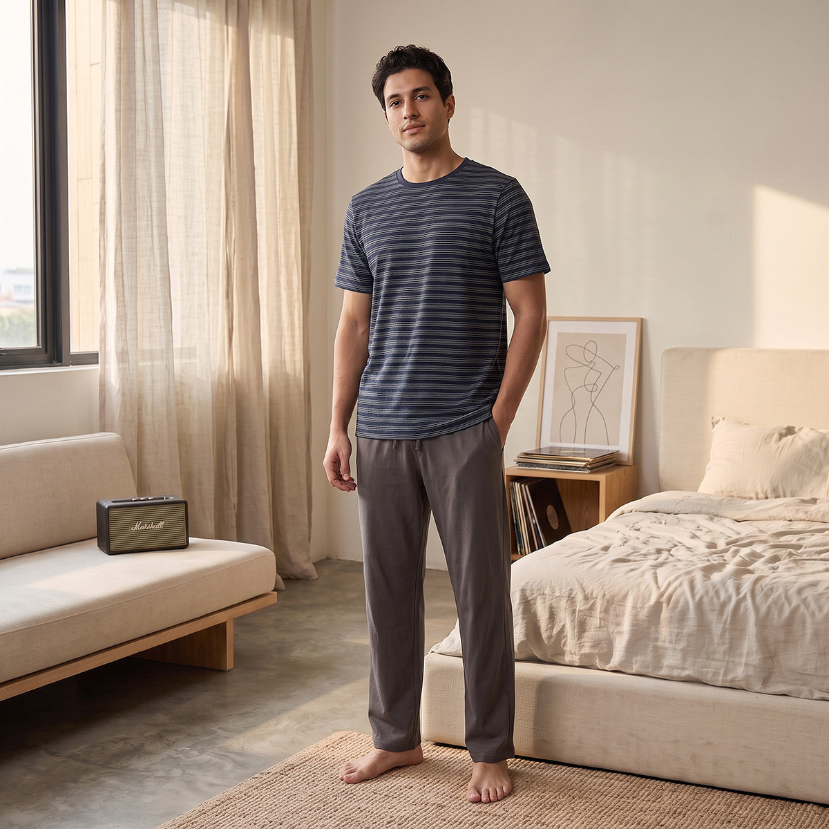 طقم بنطلون بيجاما وتيشيرت قطن مخطط-men-clothing-nightwear-sets-image-2