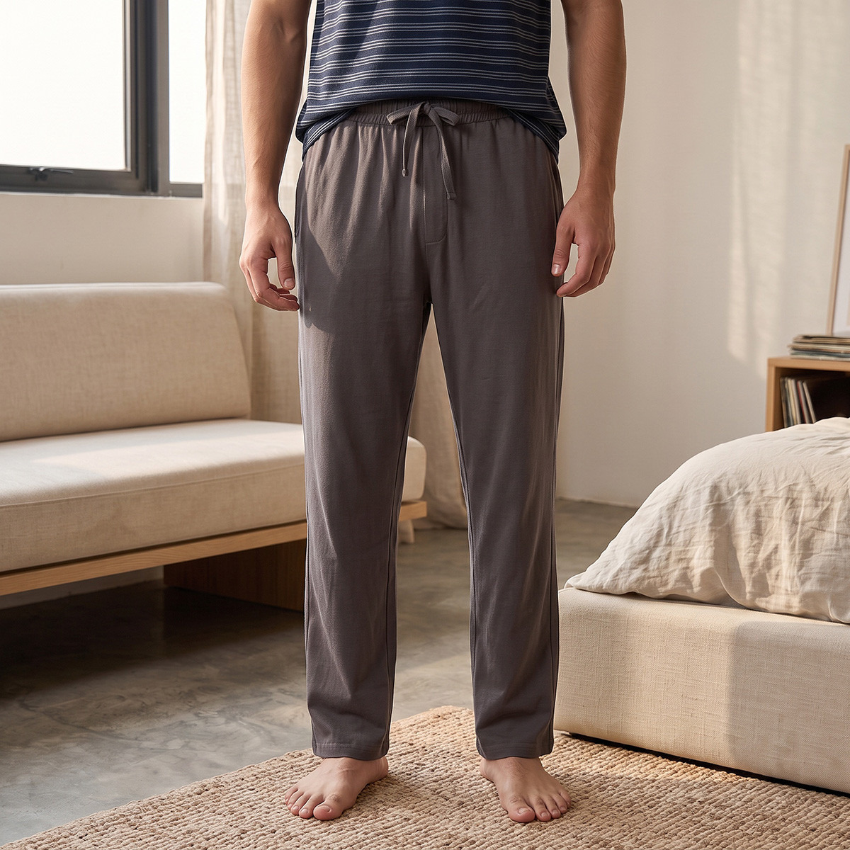 طقم بنطلون بيجاما وتيشيرت قطن مخطط-men-clothing-nightwear-sets-image-3