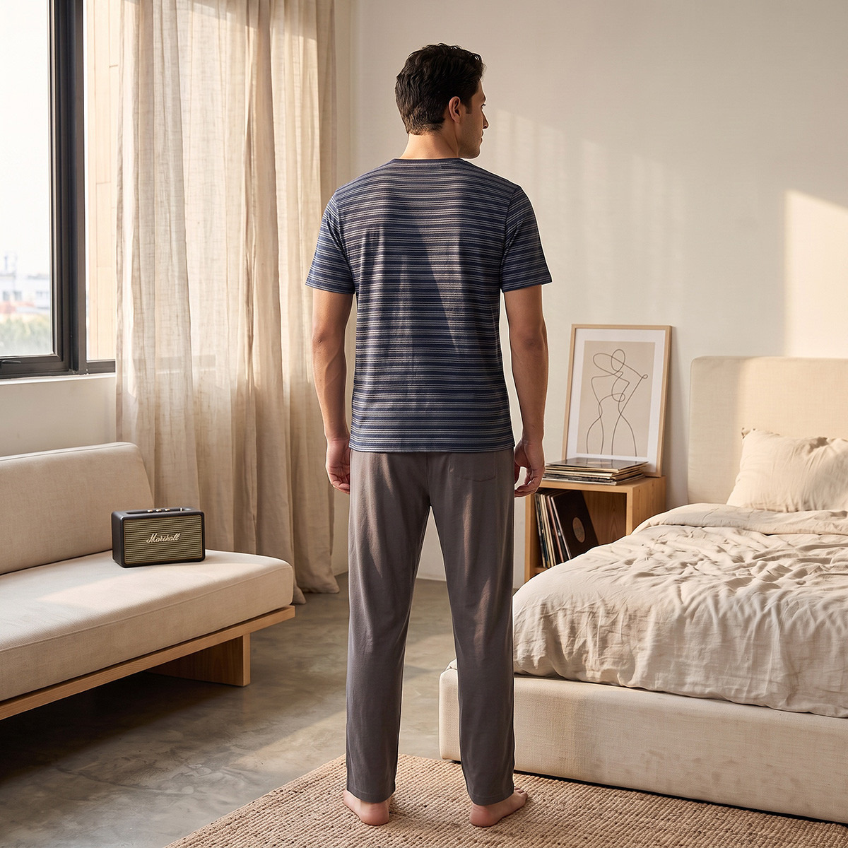 طقم بنطلون بيجاما وتيشيرت قطن مخطط-men-clothing-nightwear-sets-image-4