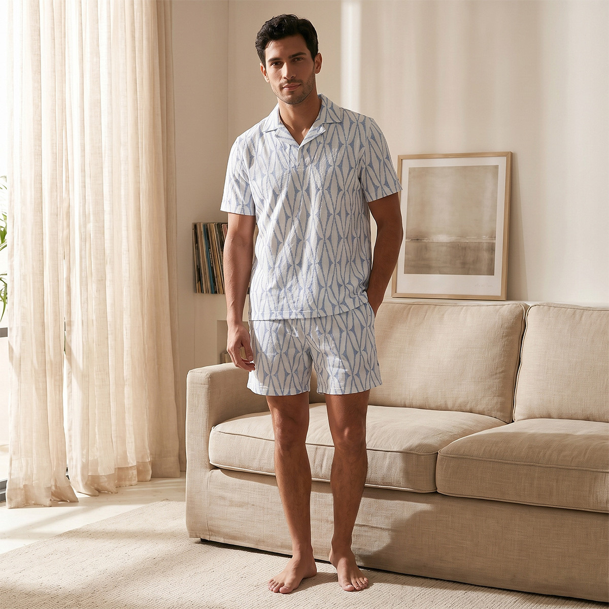طقم بيجاما جاكار بياقة كامب-men-clothing-nightwear-sets-image-1