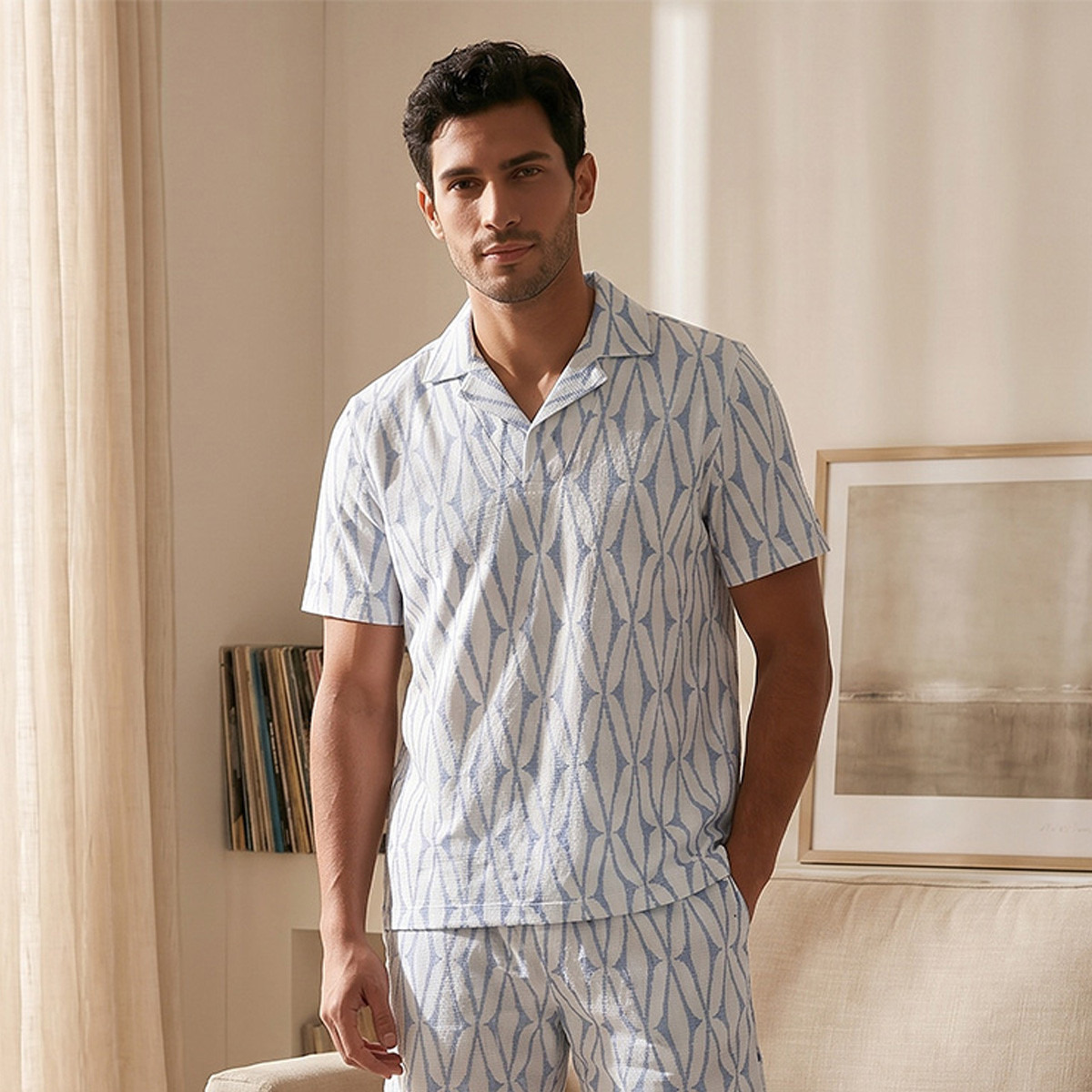 طقم بيجاما جاكار بياقة كامب-men-clothing-nightwear-sets-image-3