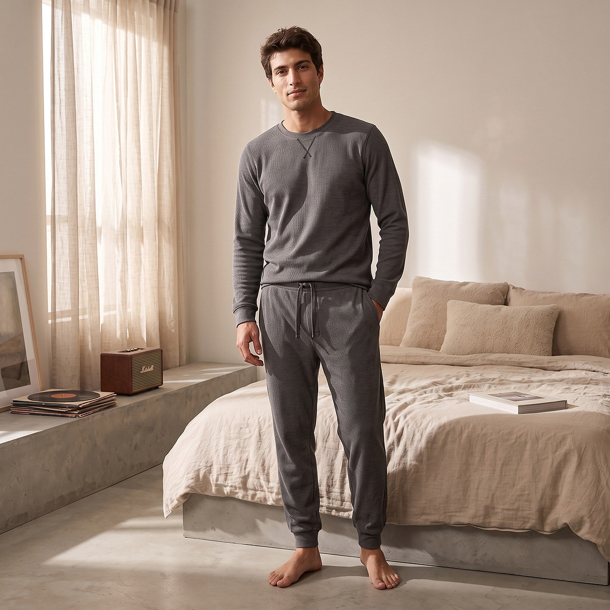طقم بيجاما وسويت شيرت بارز الملمس-men-clothing-nightwear-sets-image-1